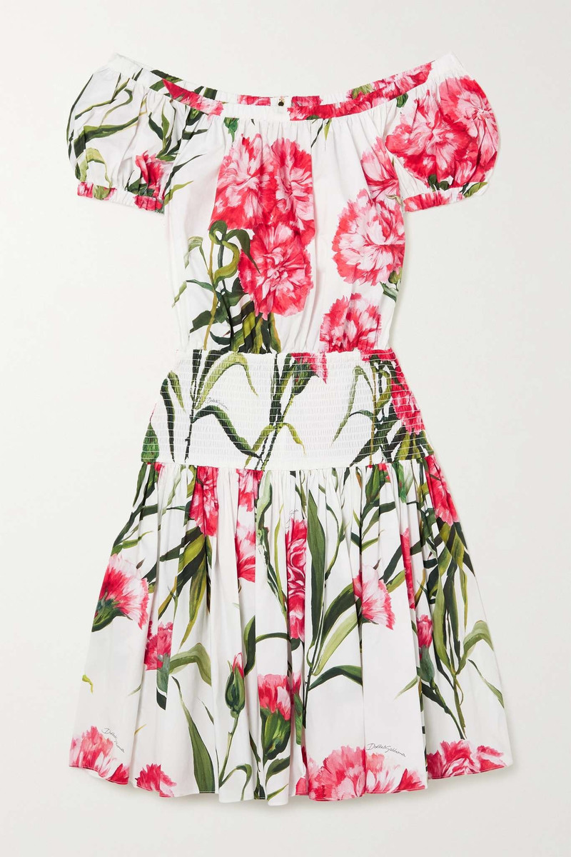 Off-the-shoulder shirred 꽃 인쇄 면 미니 드레스 - 1