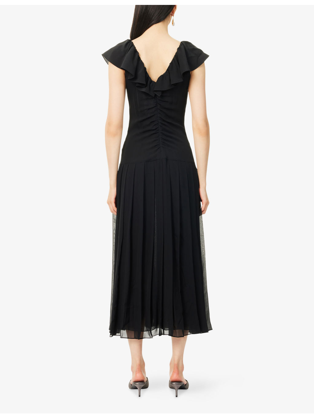Pleated V-Neck Silk Midi Dress - 4