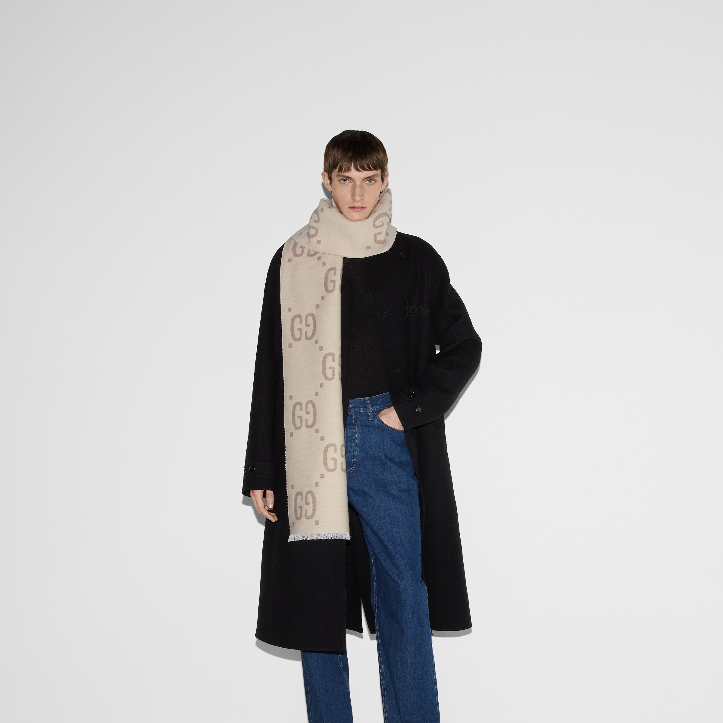 GG jacquard wool silk scarf - 3