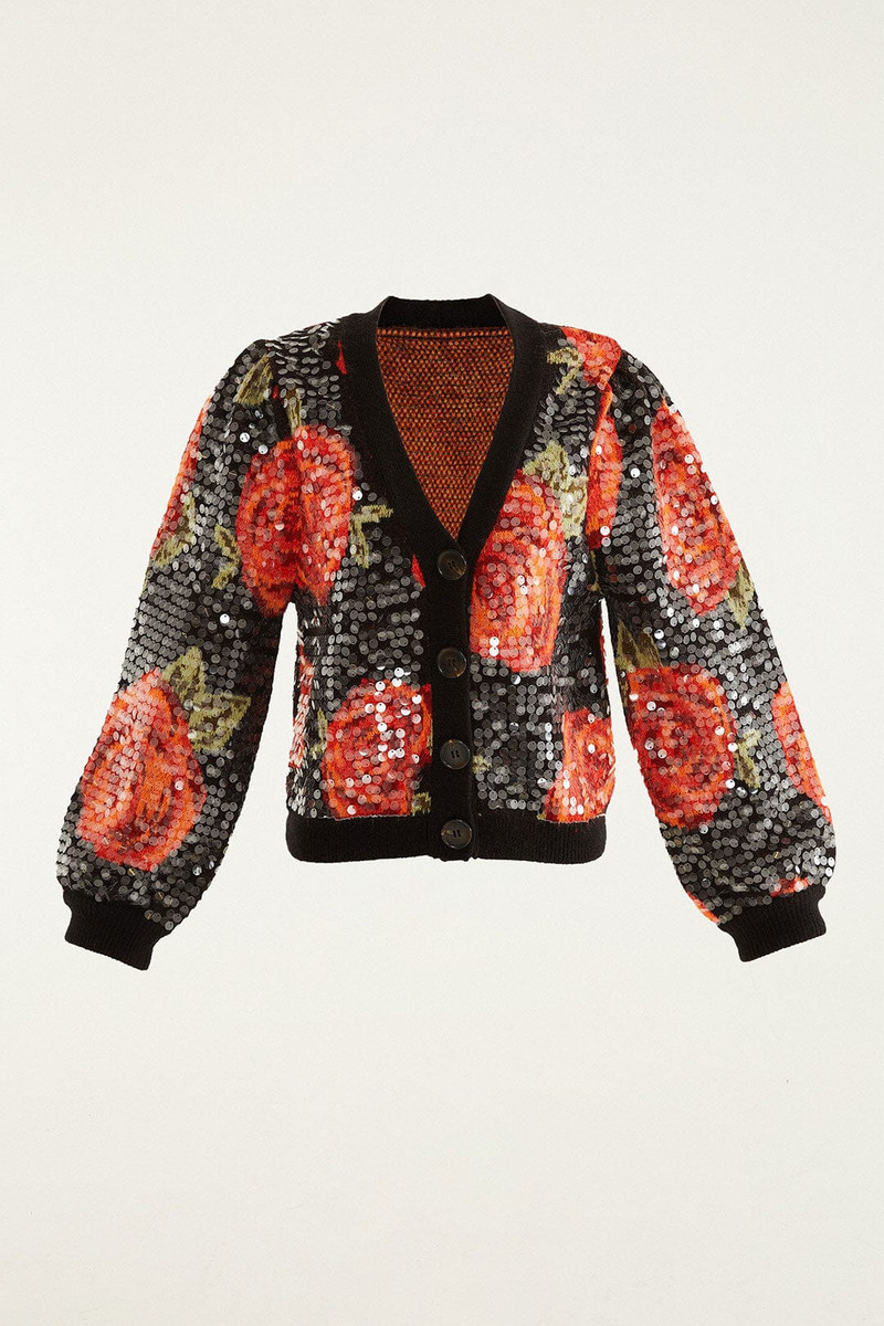 Black Latin Roses Buttoned Sequined Knit Cardigan 6