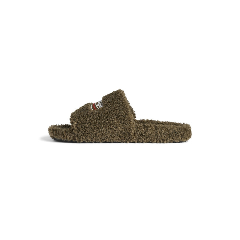 BALENCIAGA Men's Furry Slide Sandal in Army Green/white/red outlook
