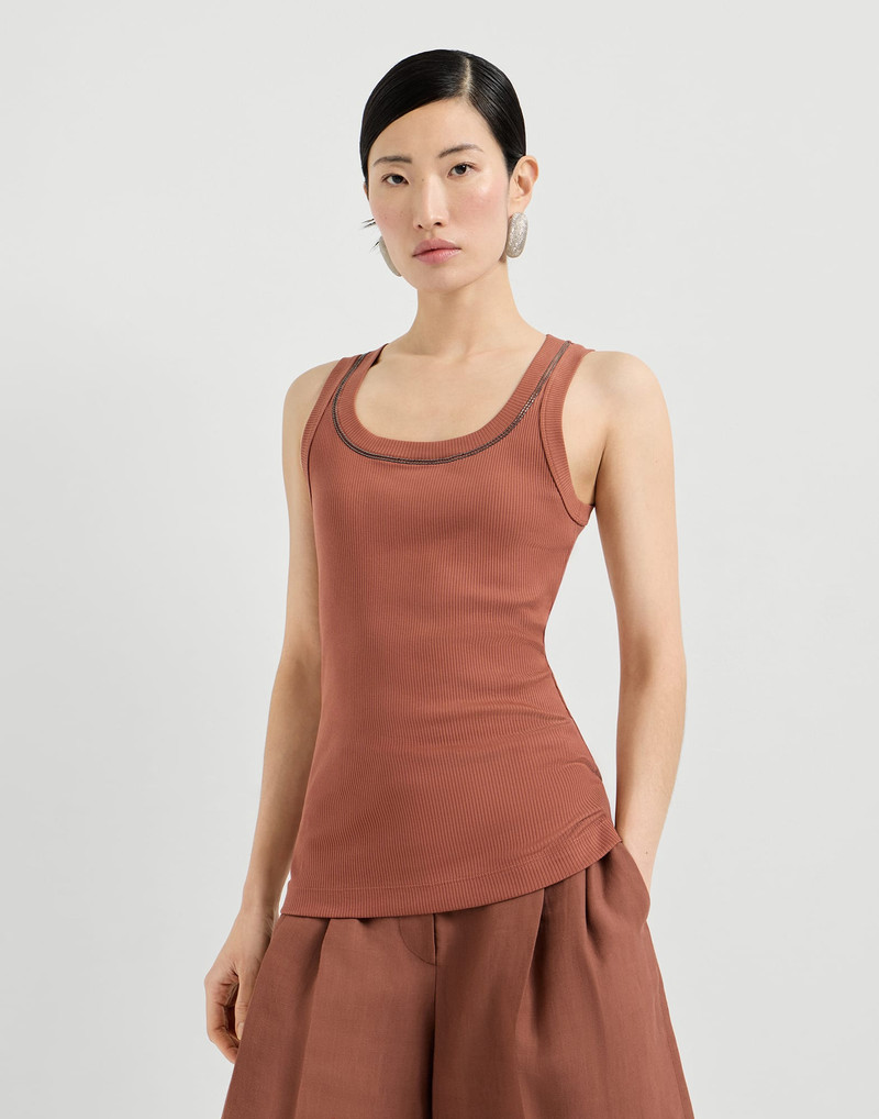 Stretch cotton ribbed jersey top with shiny trim 2