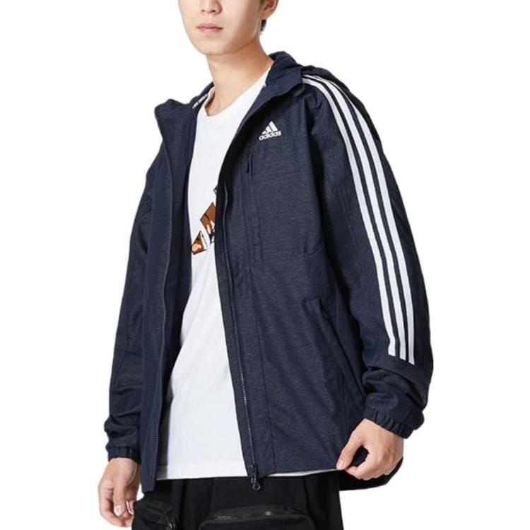 Men's adidas Classic Logo Printing Zipper Hooded Jacket Navy Blue HM2721 - 3