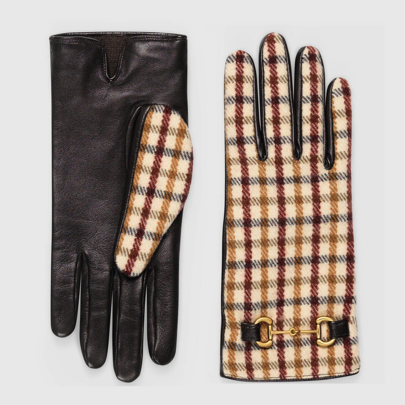 Check wool gloves with leather 1