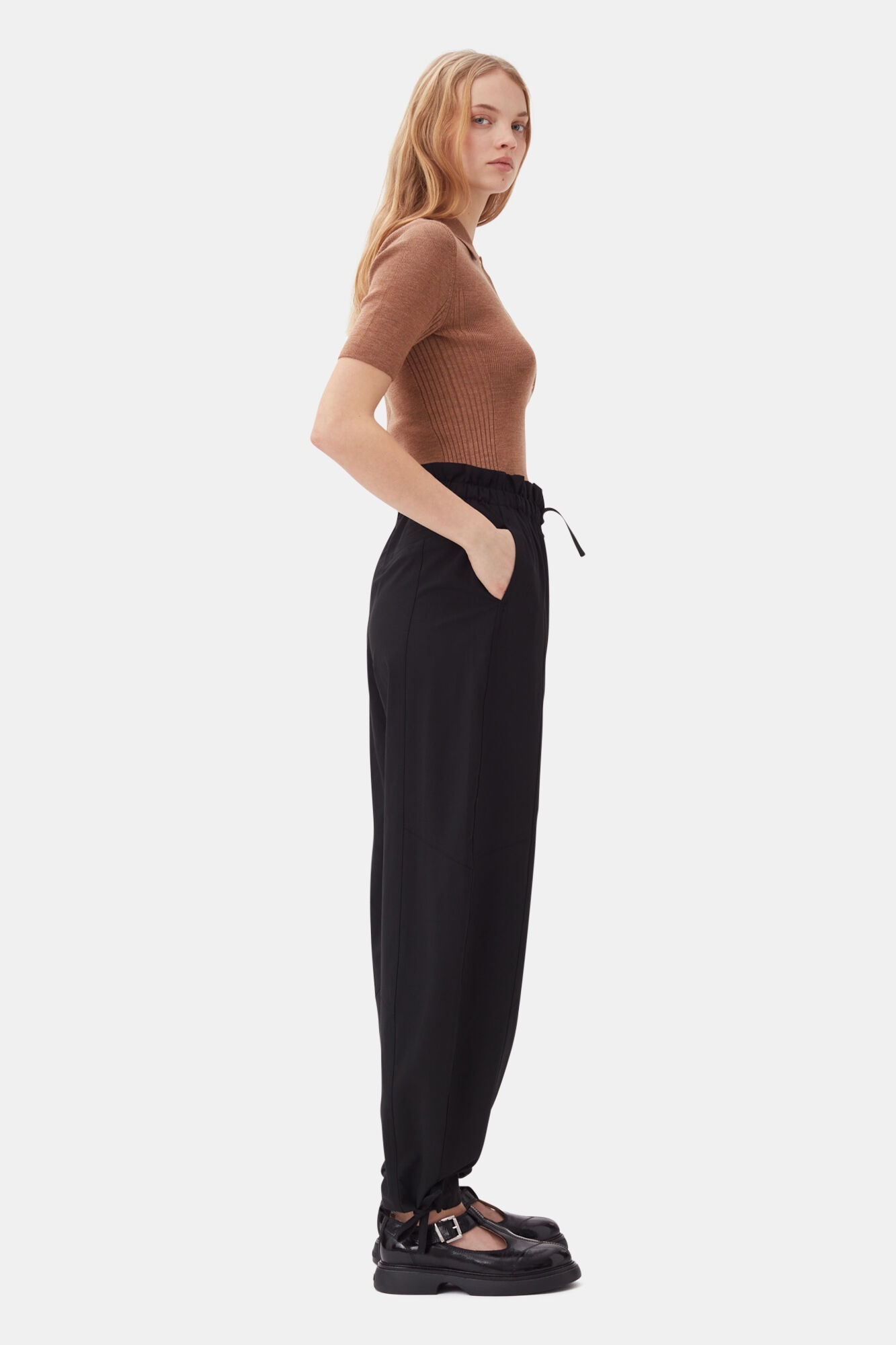 BLACK DRAPEY MELANGE ELASTICATED WAIST PANTS - 3
