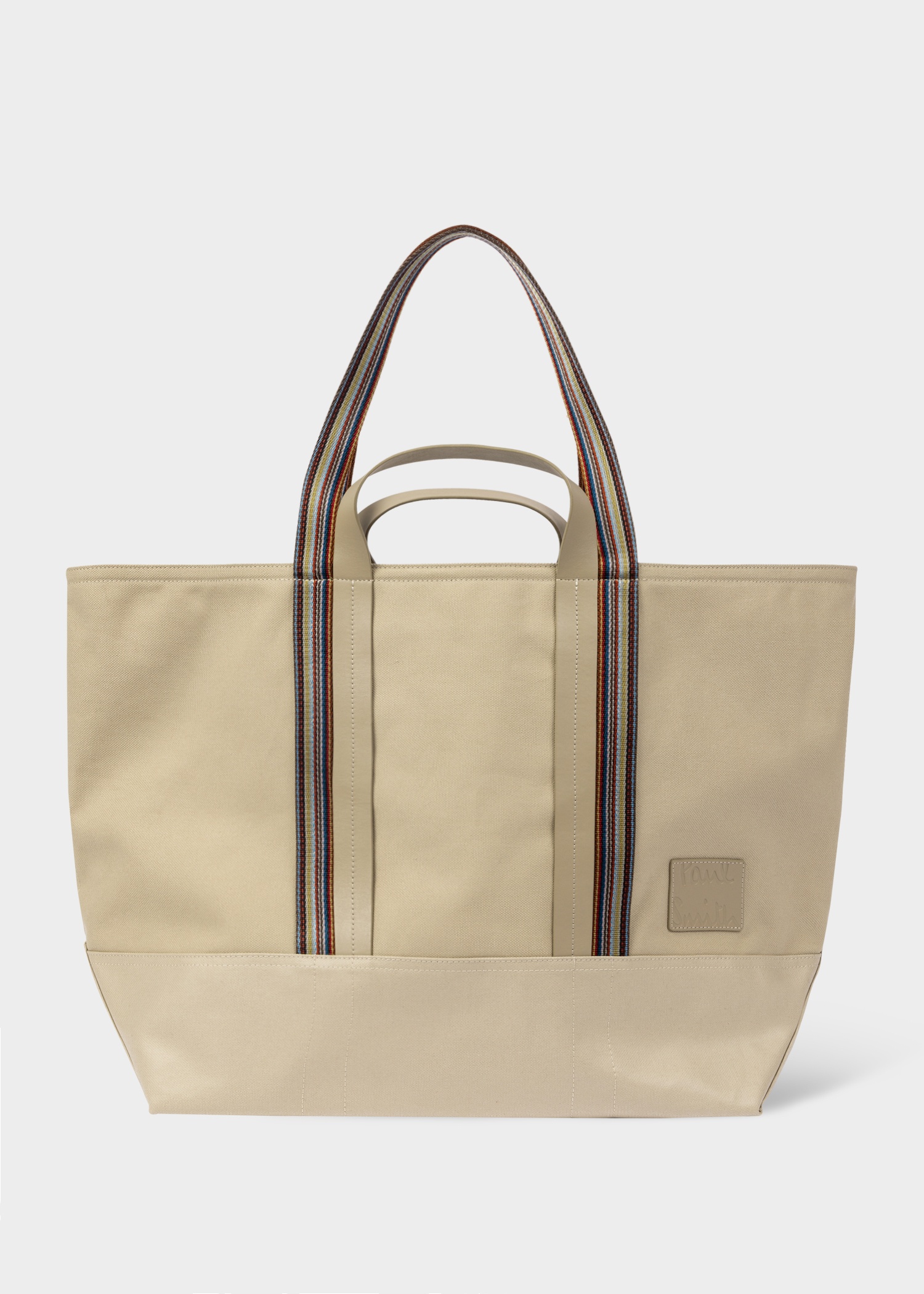 Beige Cotton-Blend Canvas Tote Bag with 'Signature Stripe' Straps - 1