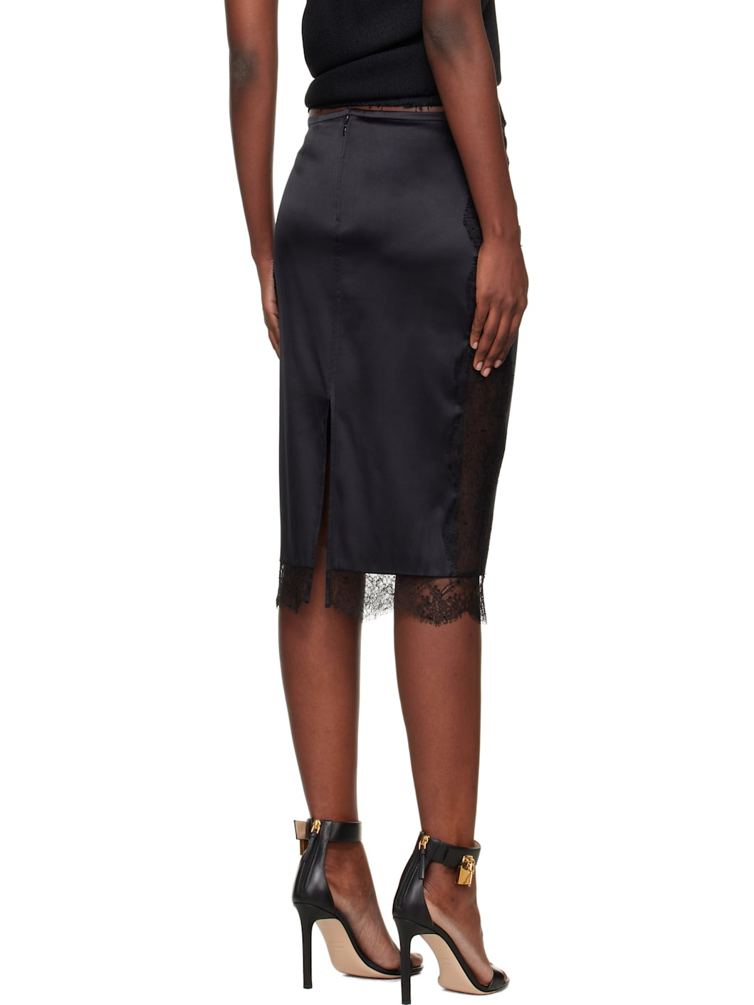 Black Knee-Length Lace Inserts Midi Skirt - 3