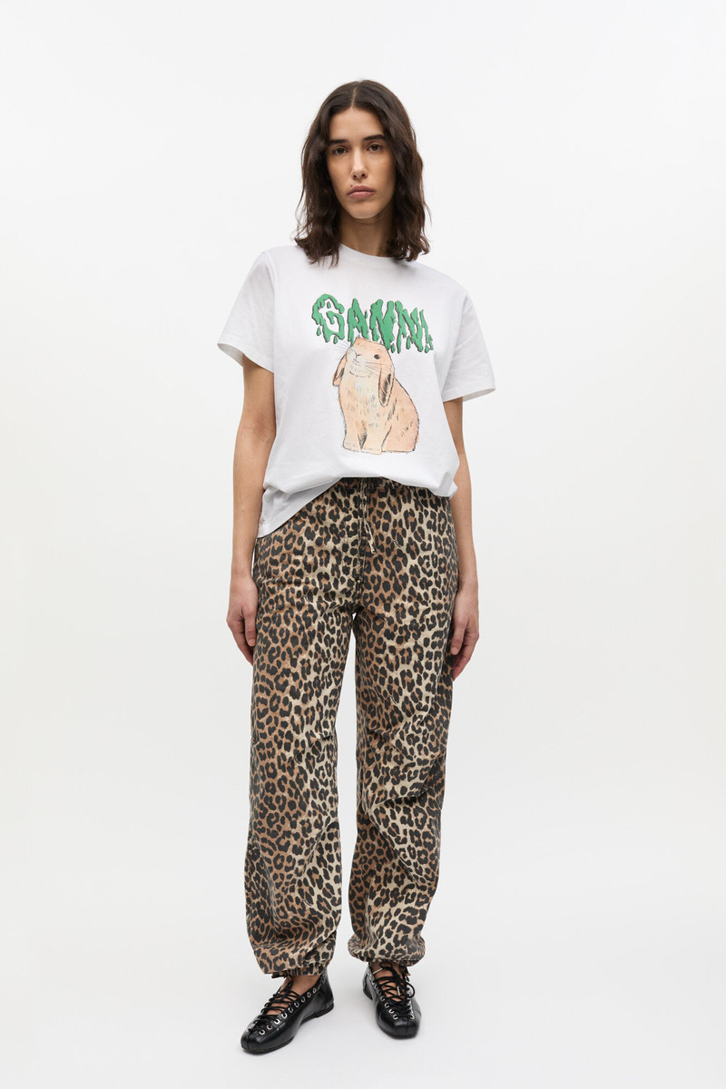 GANNI LEOPARD WASHED COTTON CANVAS DRAWSTRING TROUSERS outlook
