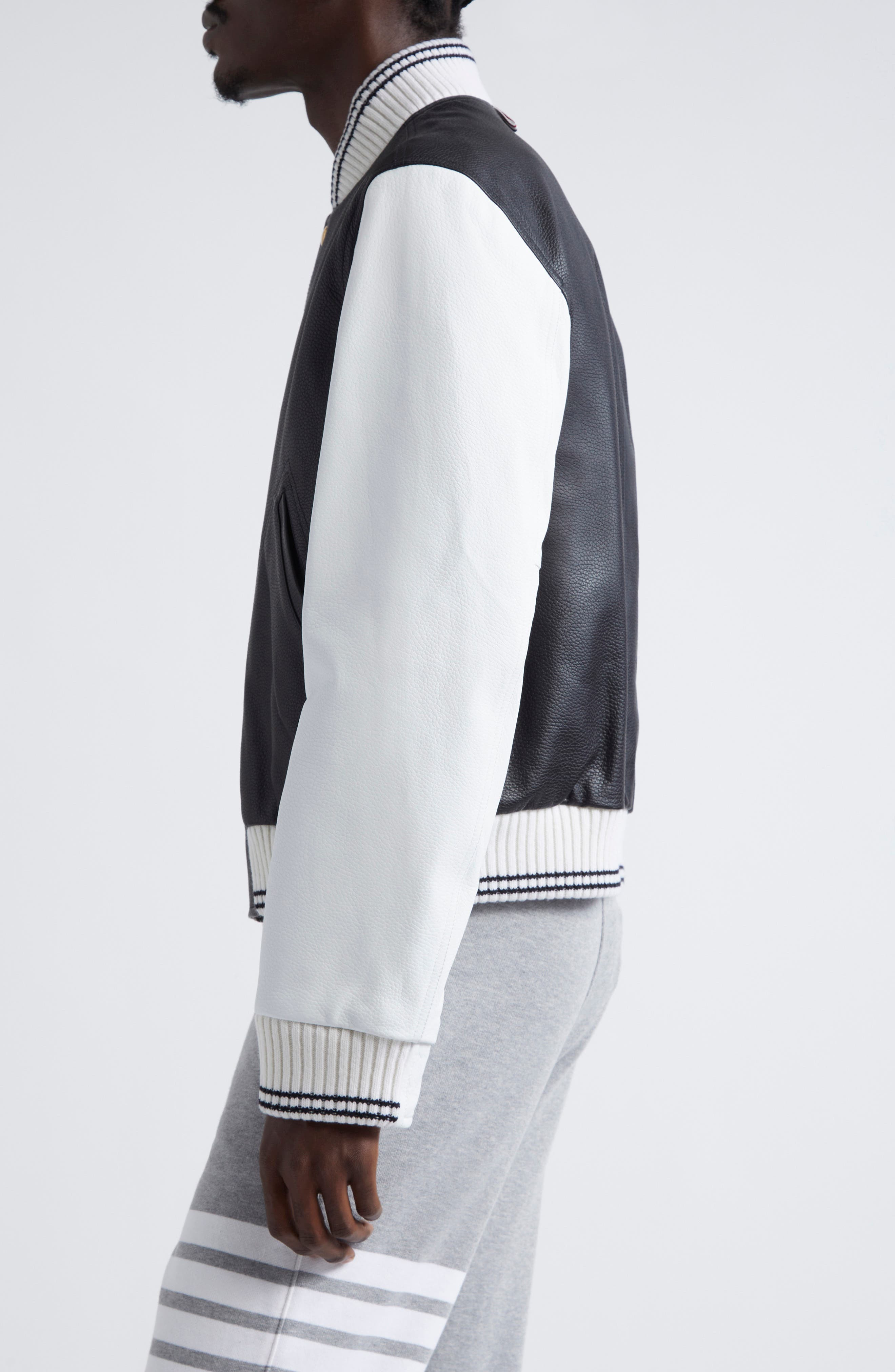 Thom Browne Mixed Media Leather & Wool Bomber Jacket in Black at Nordstrom - 4