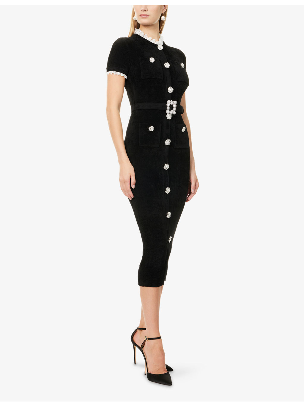 Crystal-Embellished Lace-Trim Chenille-Knit Midi Dress - 3