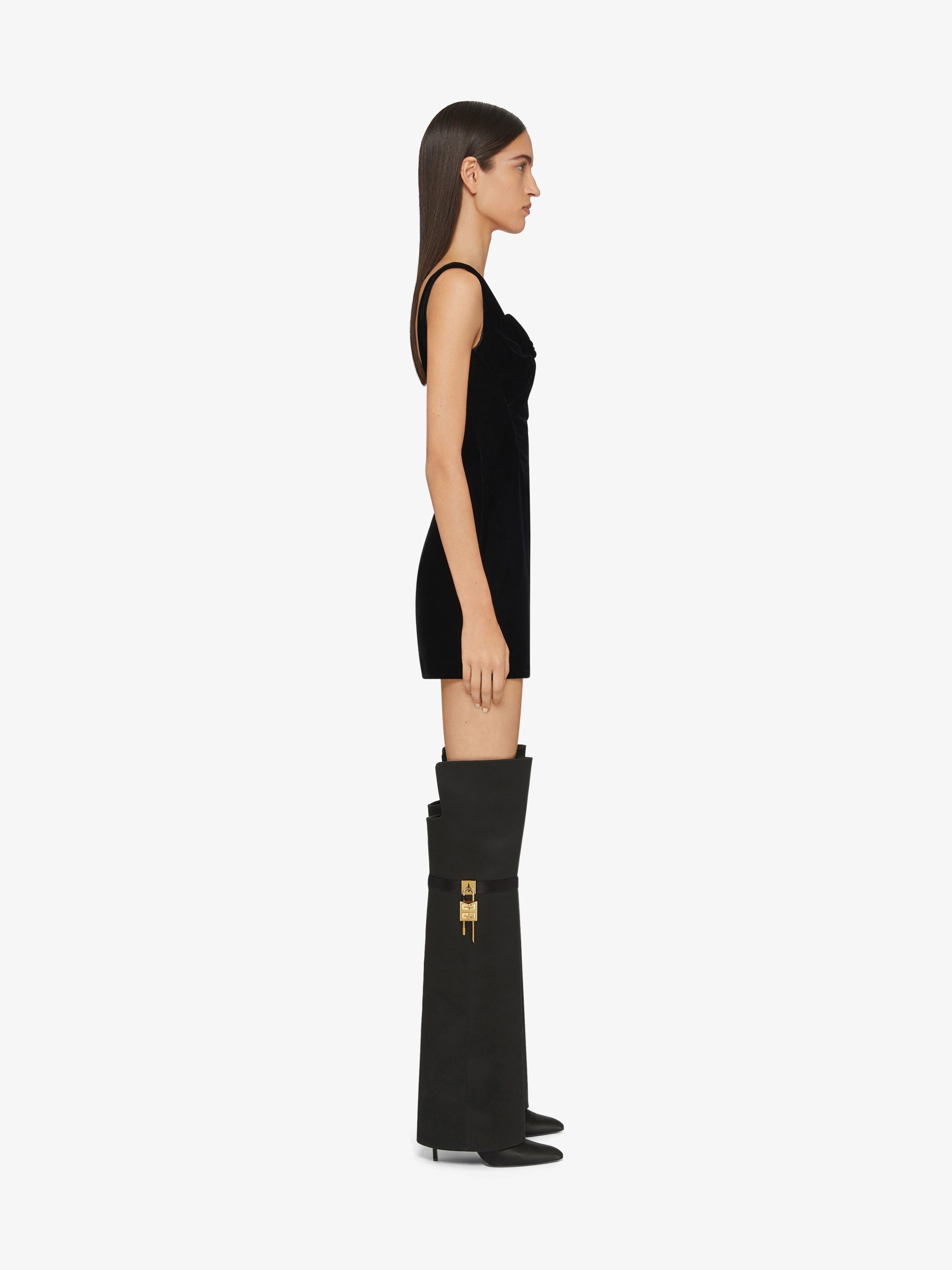 SHARK LOCK STILETTO OVER-THE-KNEE BOOTS IN SATIN - 2