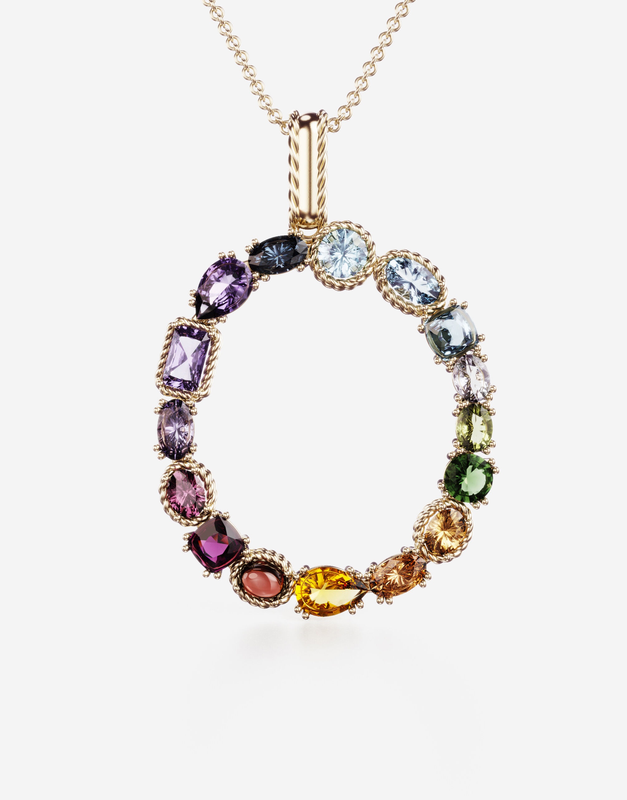 Rainbow alphabet O pendant in yellow gold with multicolor fine gems - 2