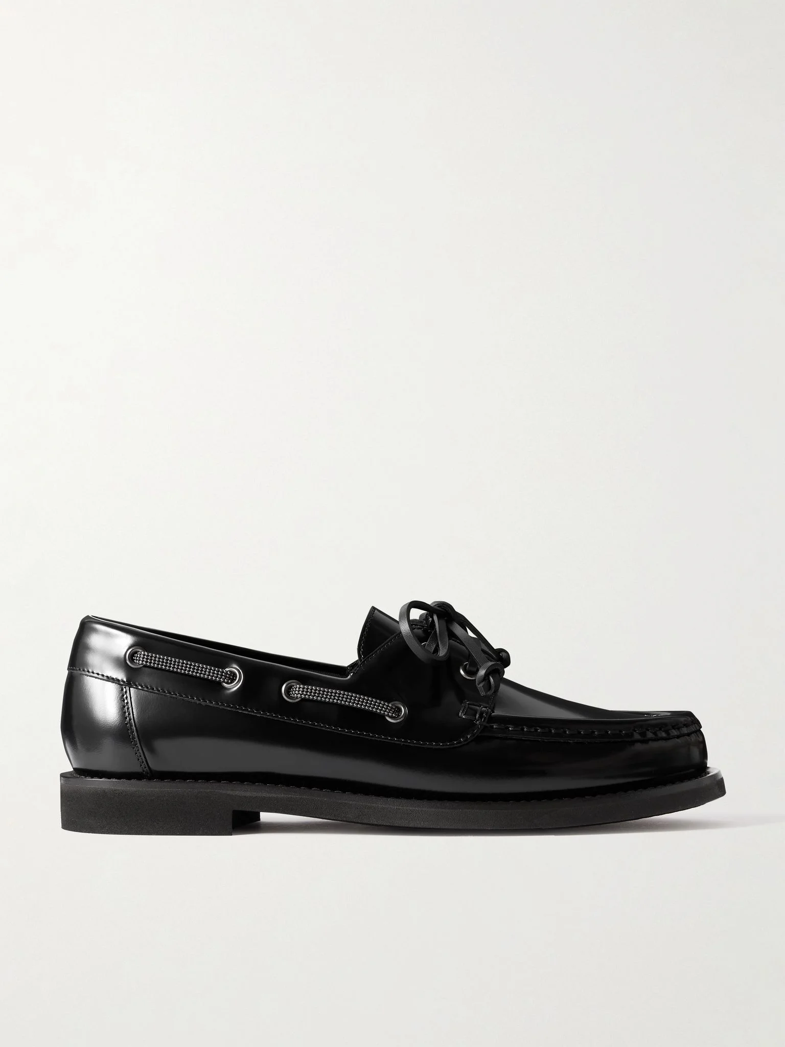 Embellished polished-leather boat shoes Black - 1