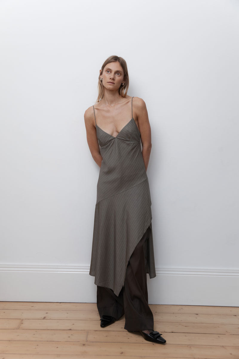 Asymmetric Slip Dress - Khaki Pinstripe - 7
