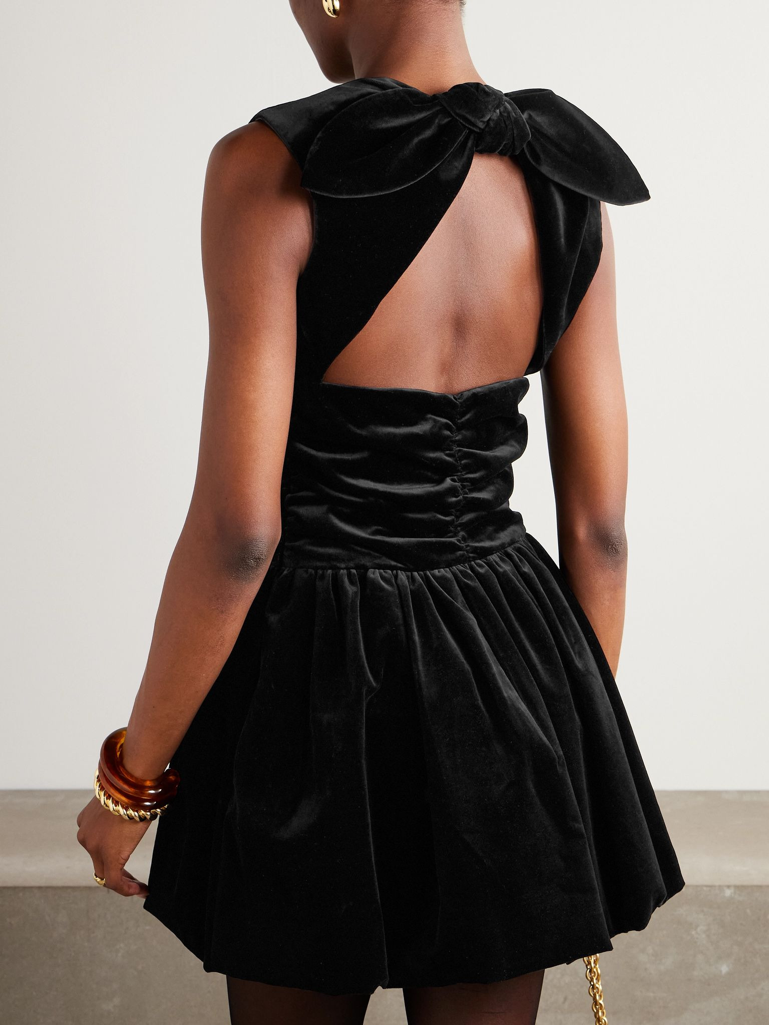 Open-back ruched cotton-velvet mini dress Black - 3