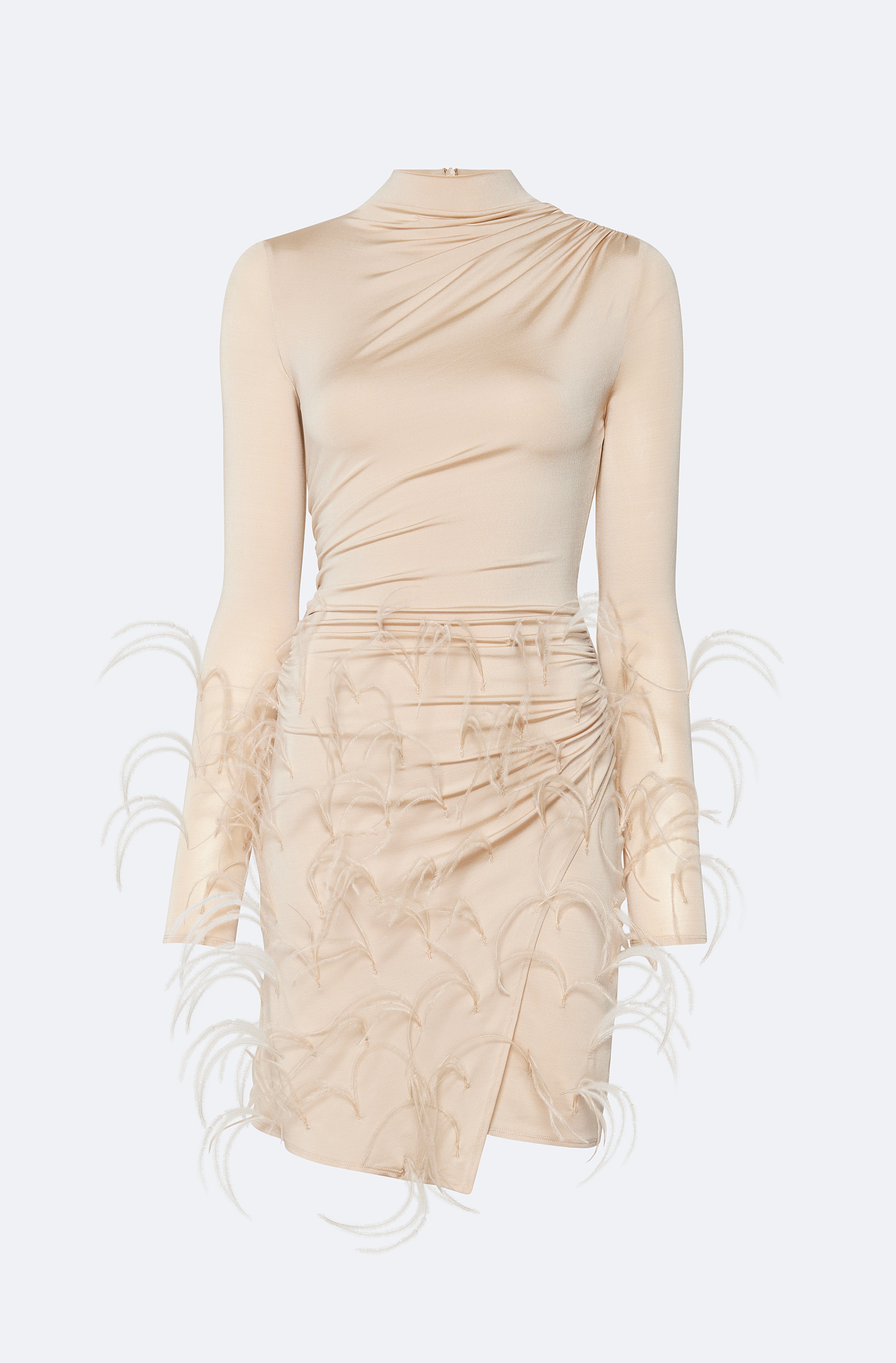 Jersey Draped Mini Dress With Feathers - 1