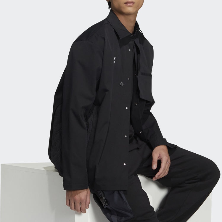 Men's adidas originals CNY Limited Solid Color Buckle Lapel Long Sleeves Black Shirt HC0561 - 4