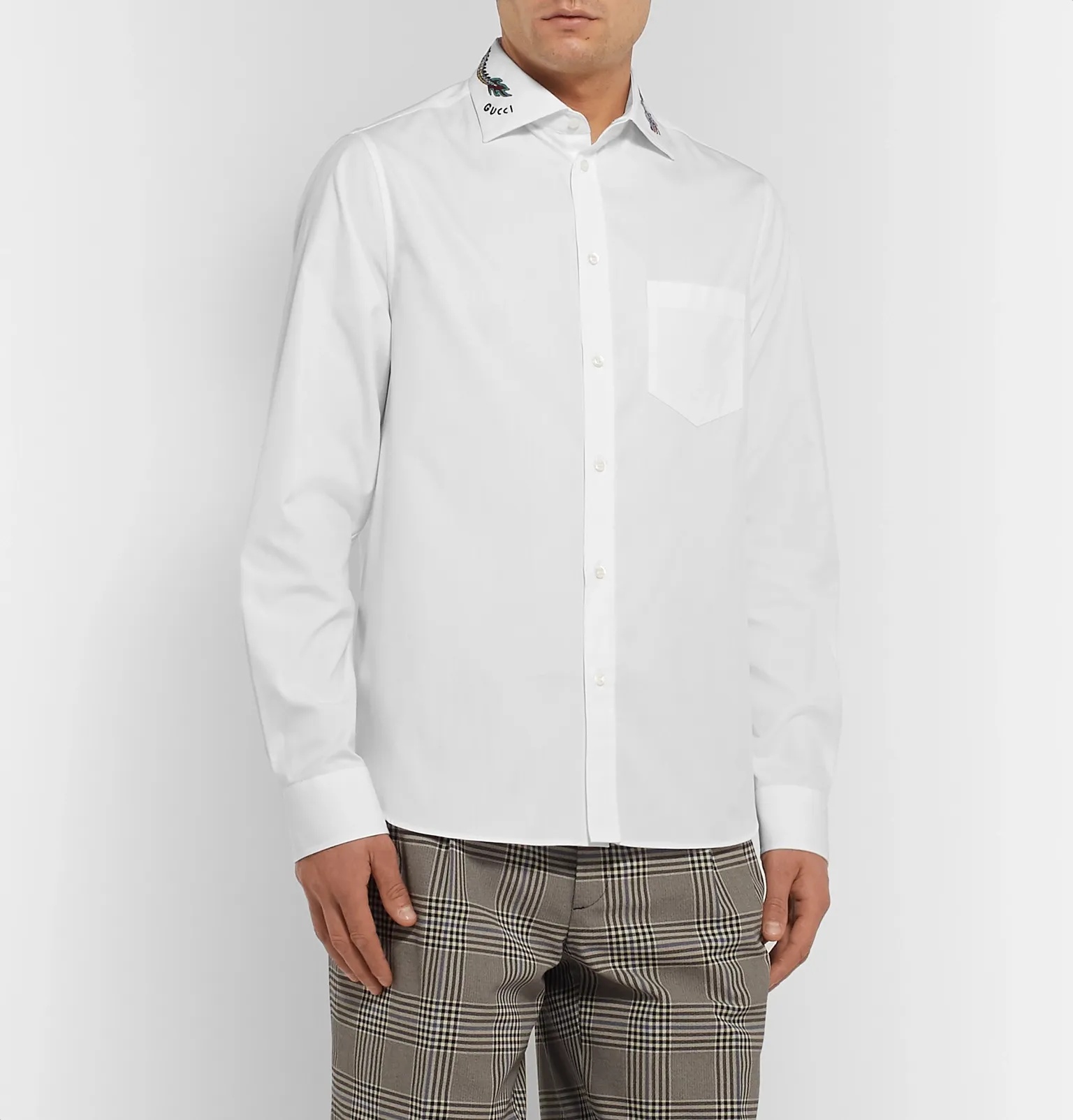 White Slim-Fit Cutaway-Collar Embroidered Cotton-Poplin Shirt - 4