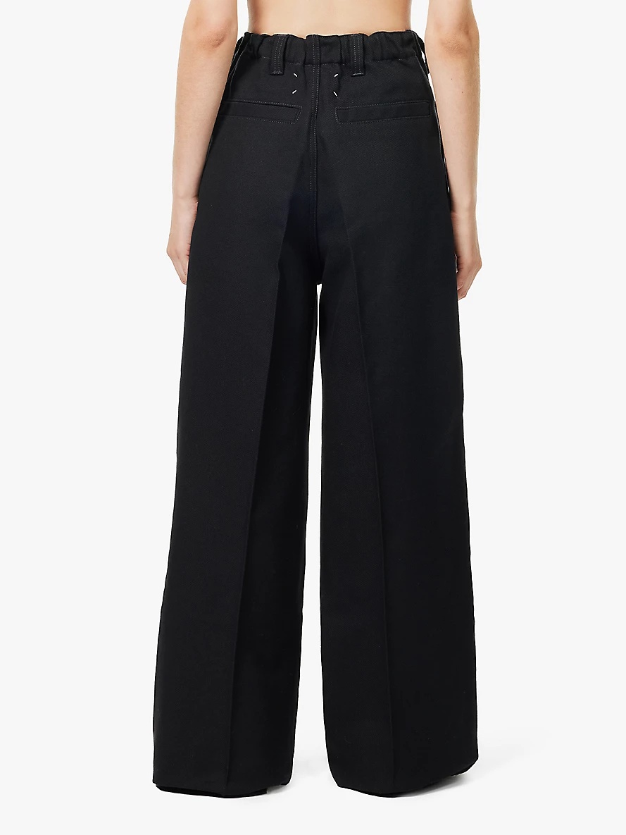 Twill-texture elasticated waistband wide-leg high-rise cotton and wool trousers - 4