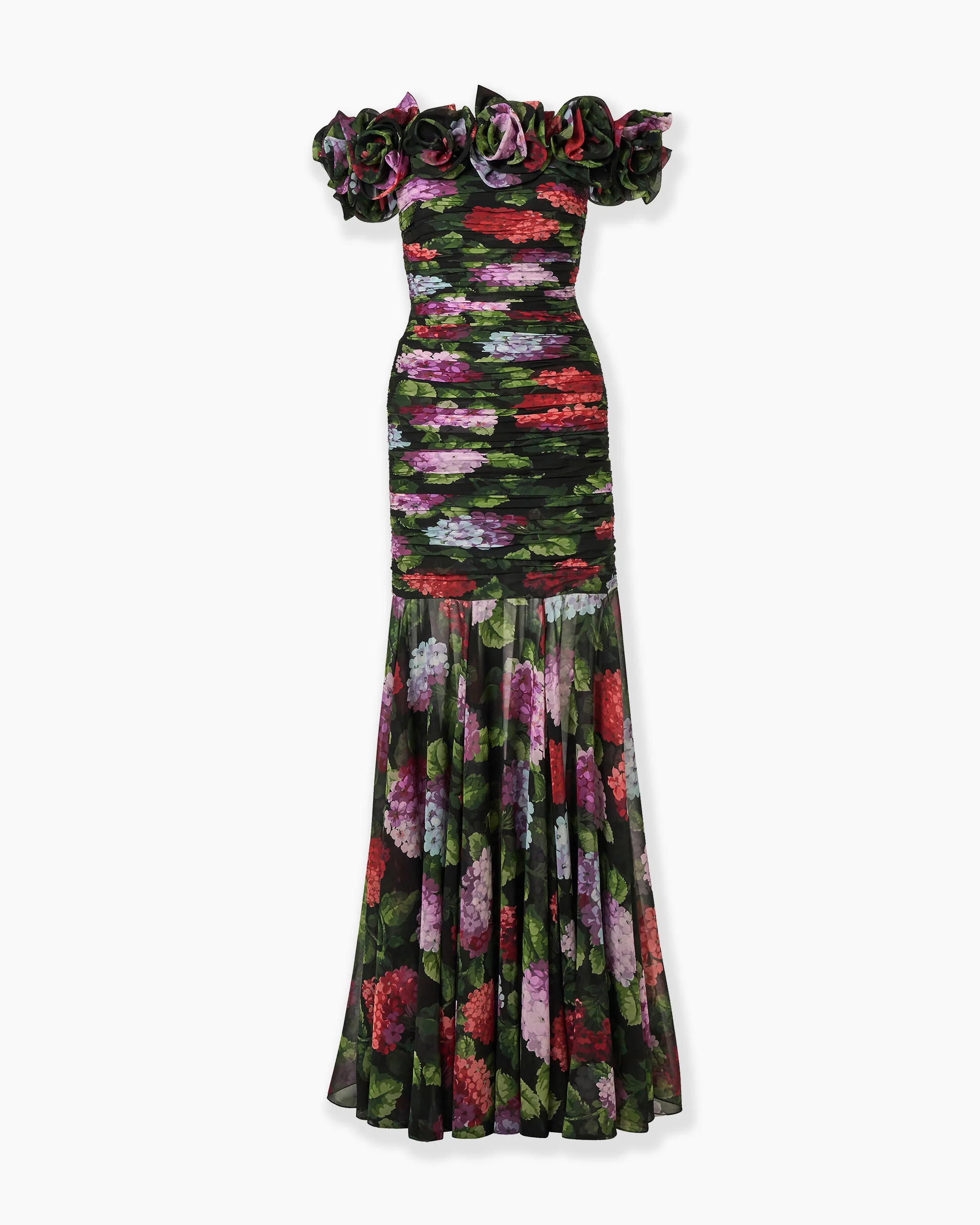 Hydrangea-Print Chiffon Off-Shoulder Gown - 1