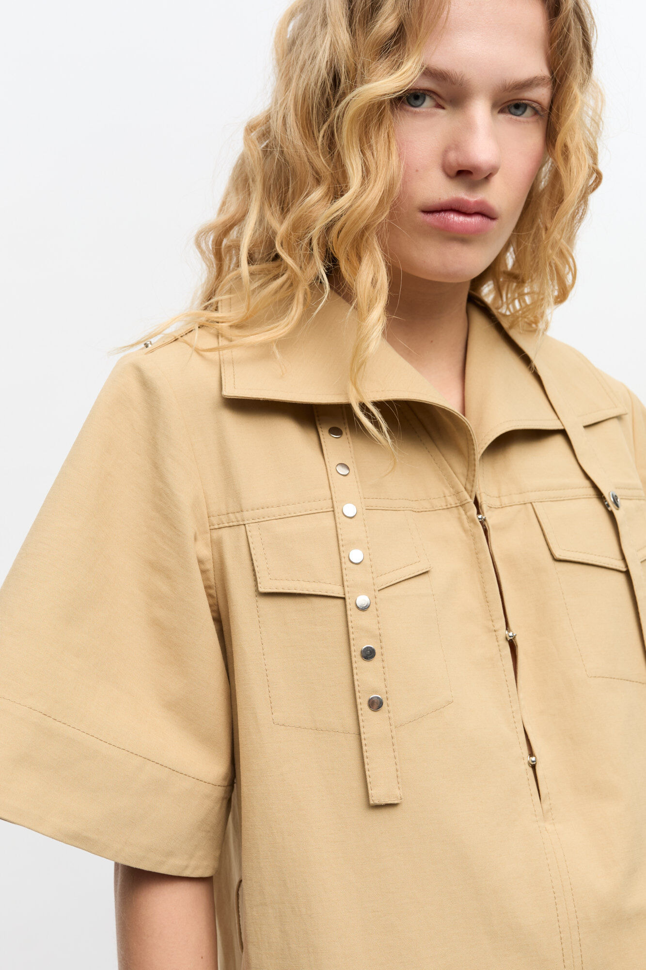 BEIGE STRETCH COTTON DRESS - 7