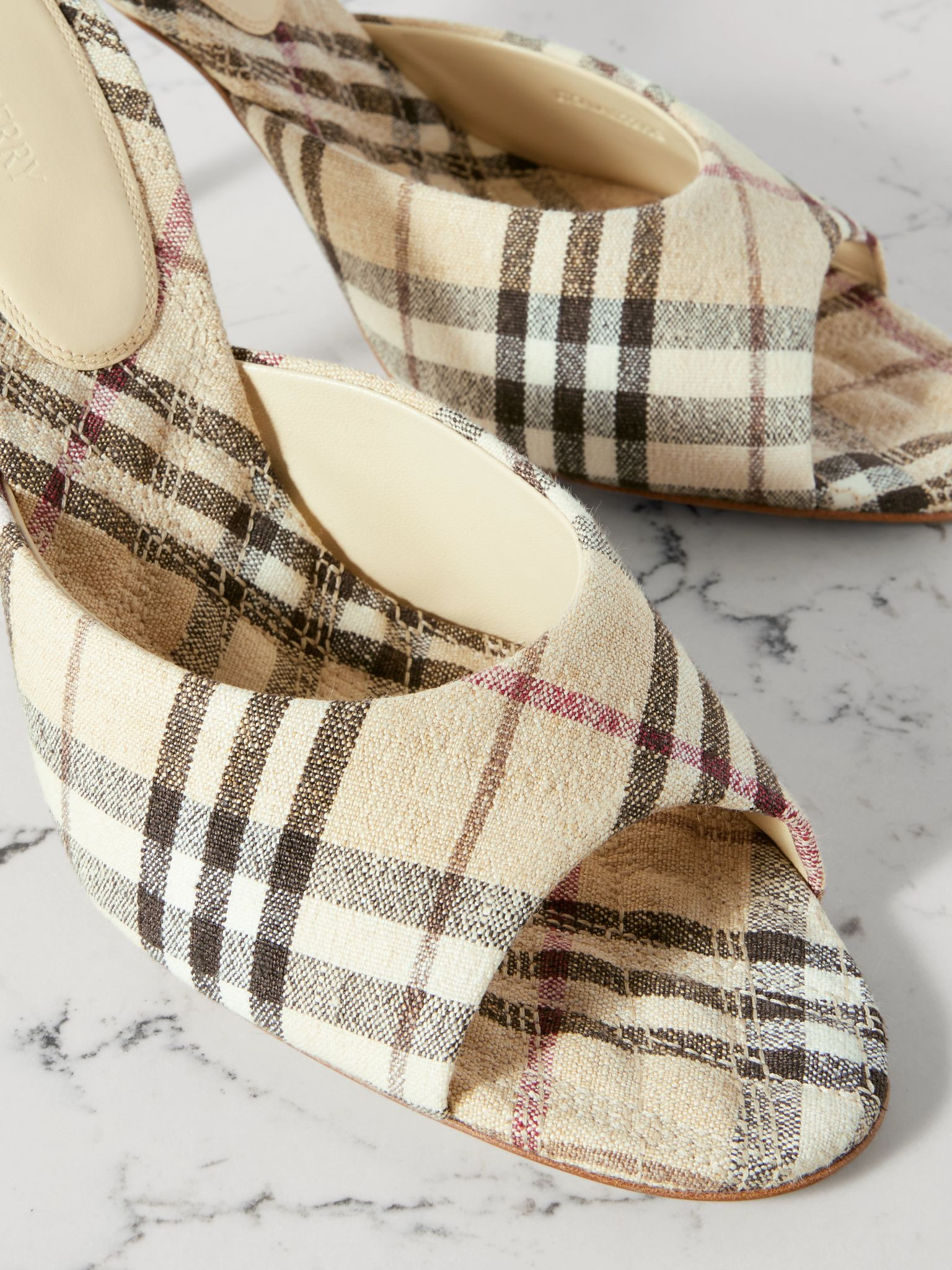 Checked linen mules Cream - 4