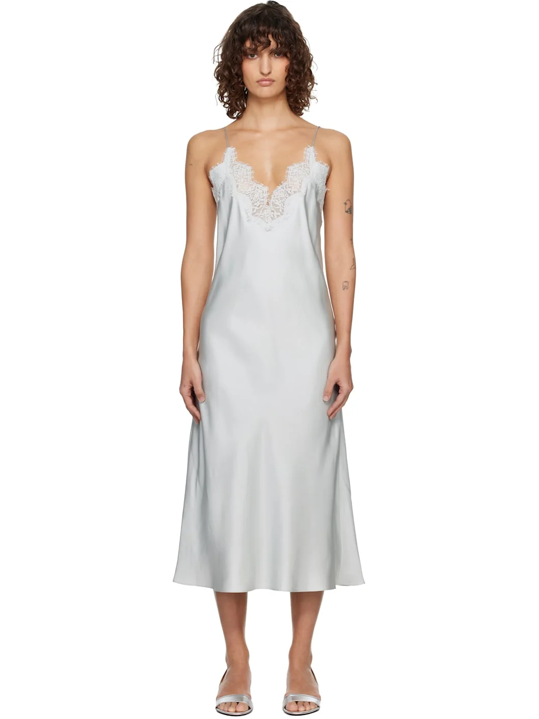 Blue Silk Lace Slip Midi Dress - 1