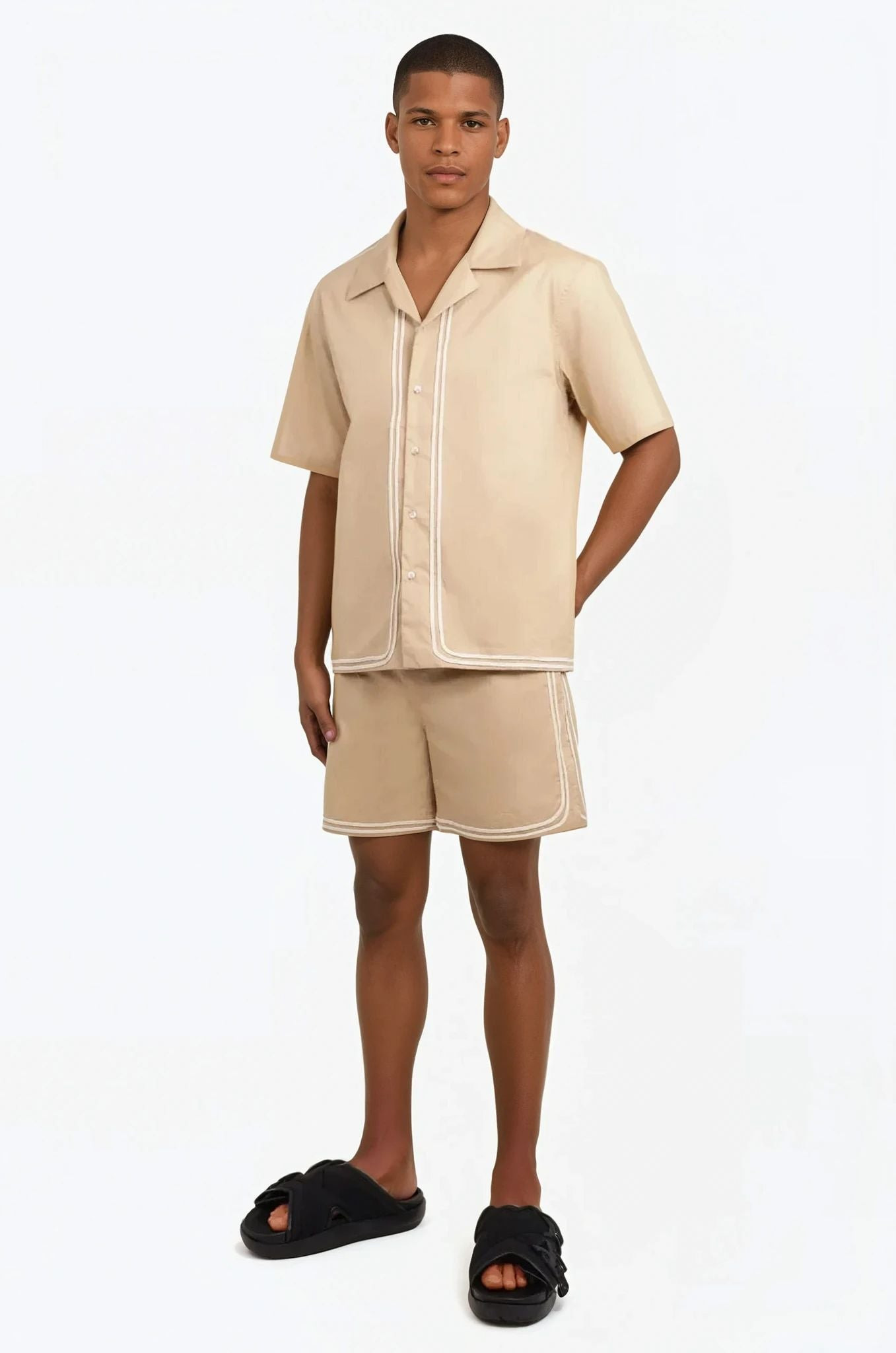 BRAIDED CORD CAMP COLLAR S/S SHIRT | BEIGE - 2