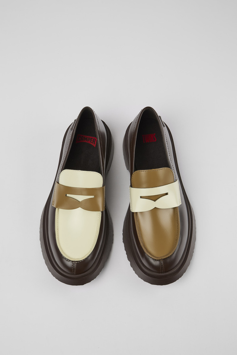 Brown and white leather loafers for women 4
