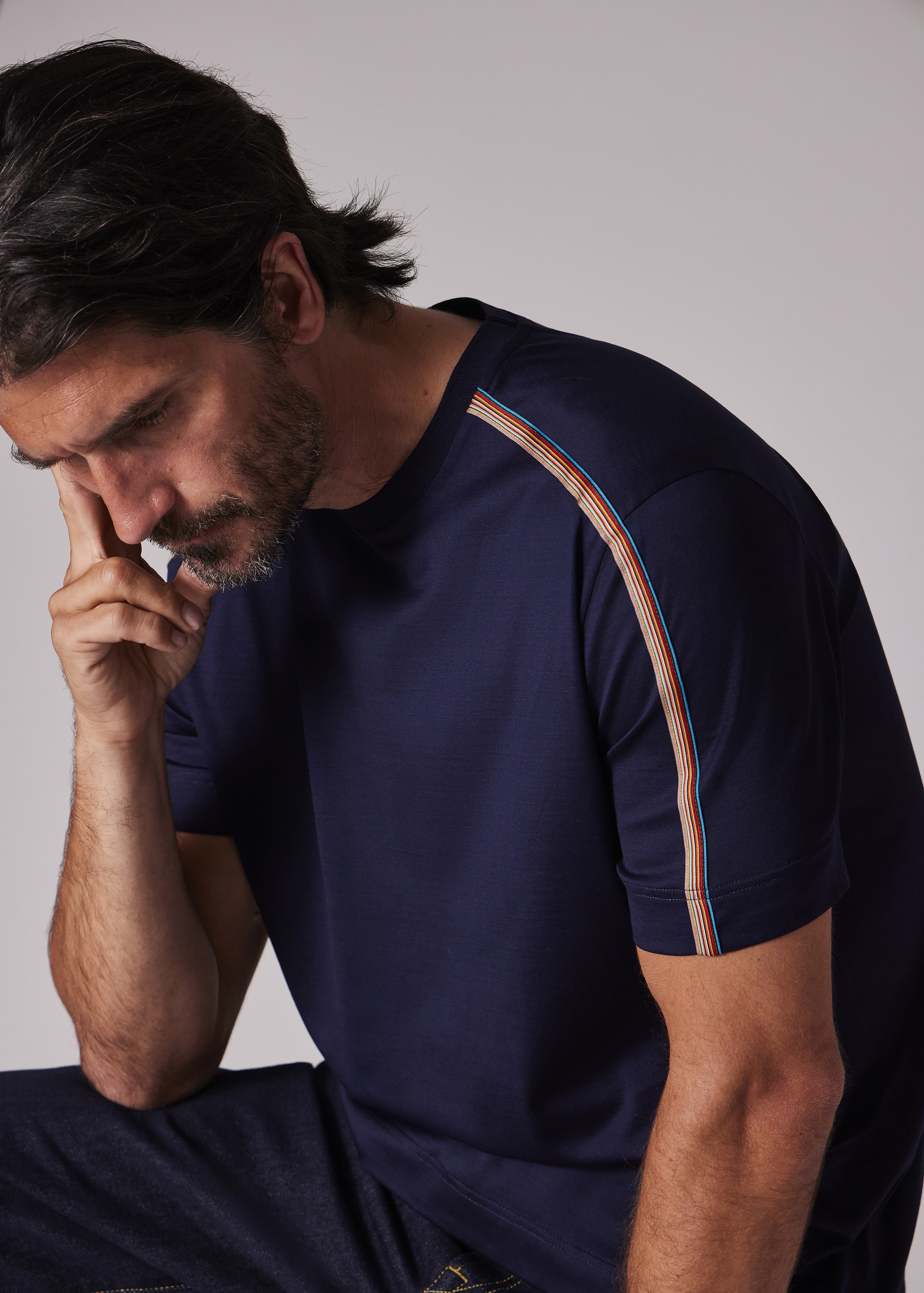 Navy Mercerised Cotton 'Signature Stripe' Shoulder Trim T-Shirt - 5