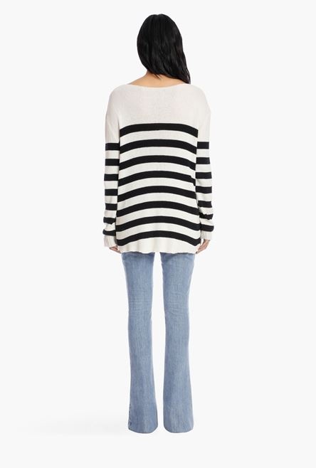 Ecru and black striped knit sweater with silver Balmain badge - 3