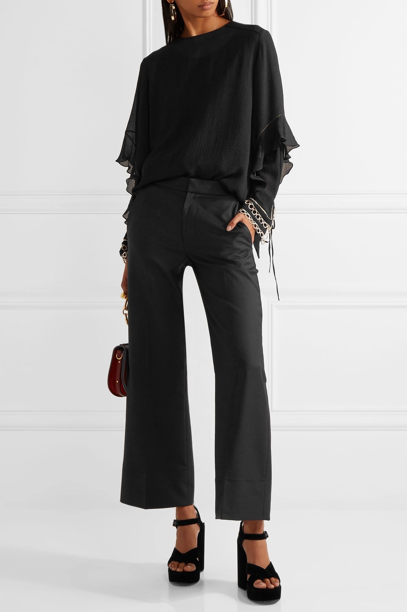 Ruffled metallic-trimmed silk-seersucker blouse  - 2