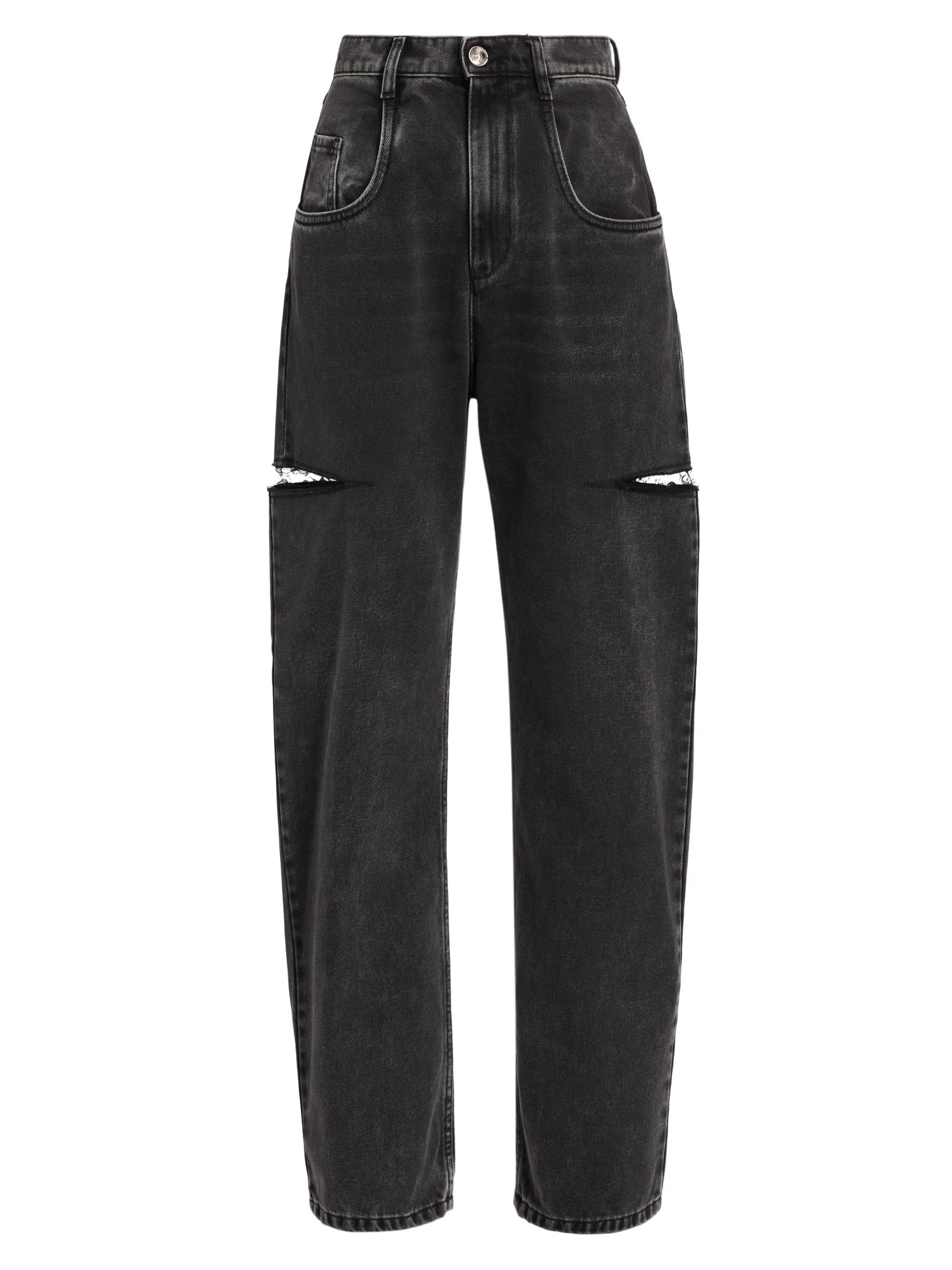 Women's Distressed Slit Mid-Rise Baggy Jeans - Black Washed - 1