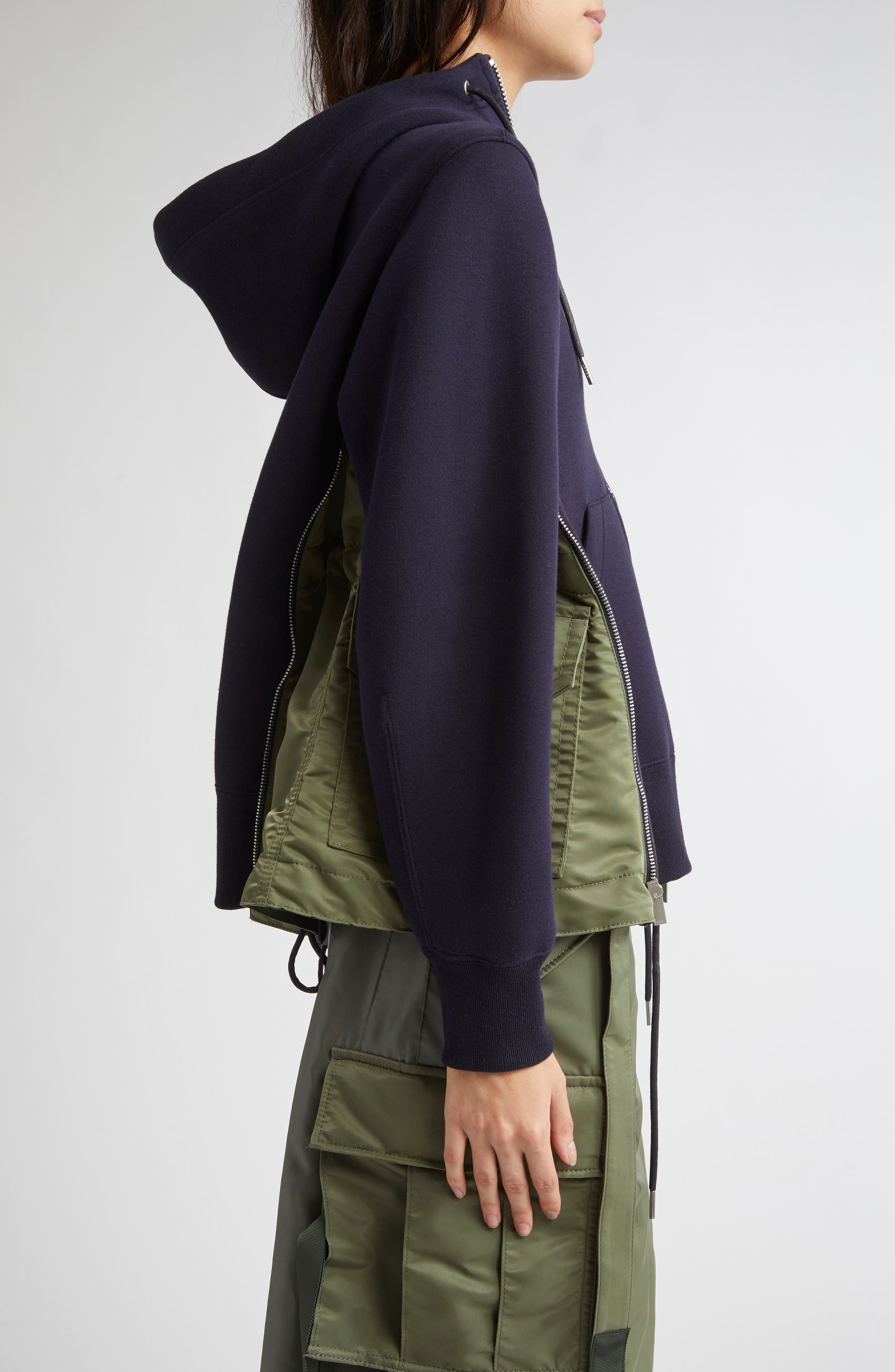 Sacai Sponge Sweat x Nylon Twill Hoodie in Navy/Khaki 212 at Nordstrom - 3