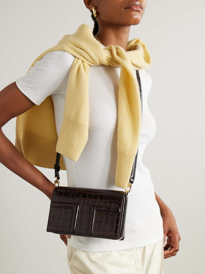 Totême T-Flap mini croc-effect leather shoulder bag Dark brown outlook