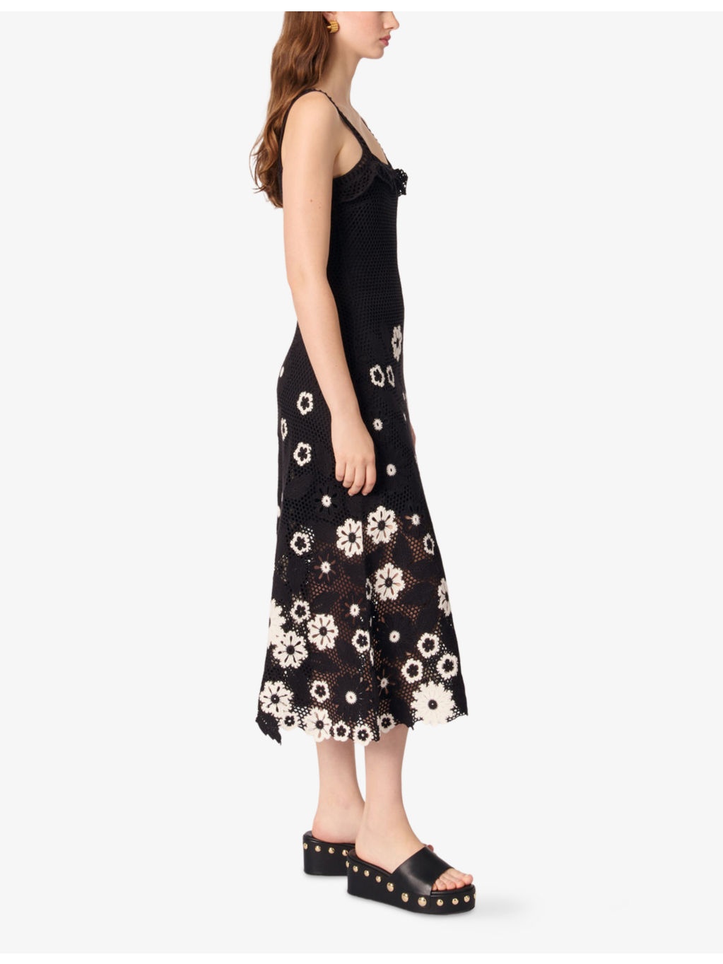 Sleeveless Floral-Pattern Cotton-Crochet Midi Dress - 3