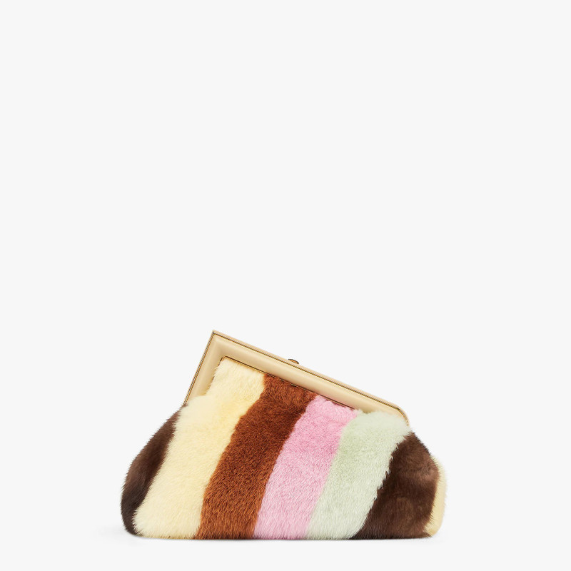 Small Fendi First bag in soft mink with hand inlays to create a multicolored diagonal striped motif. 3