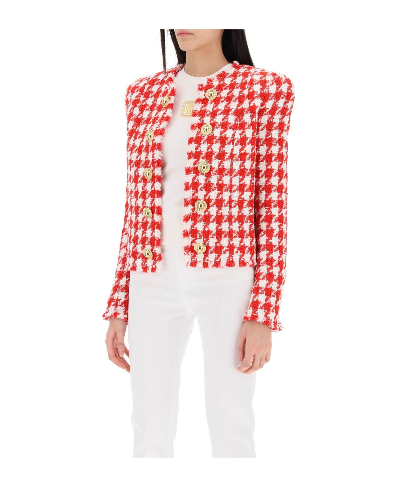 Collarless Houndstooth Tweed Jacket - 4