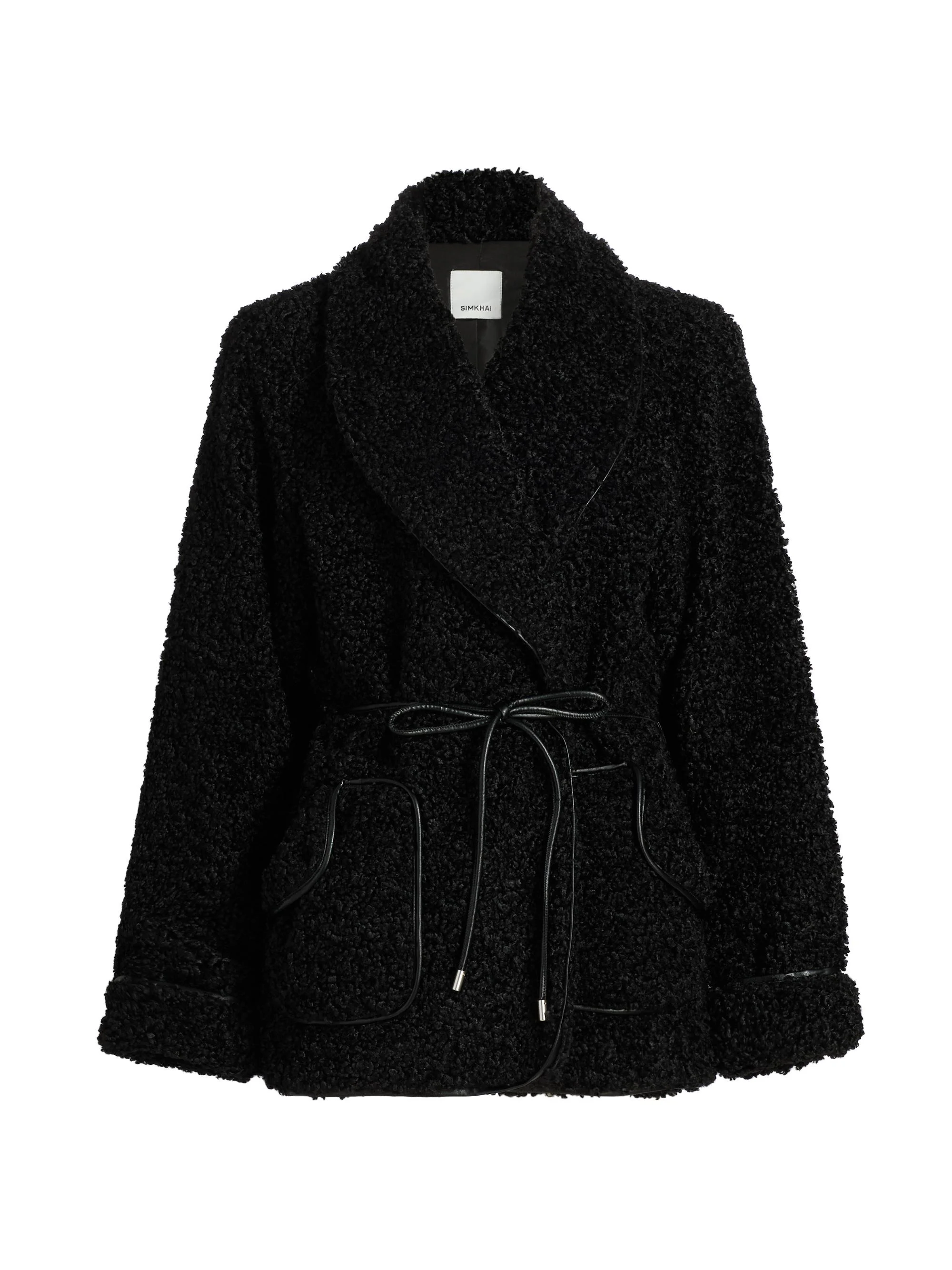 Women's Kimia Tie-Waist Faux Sherpa Jacket - Black - 1