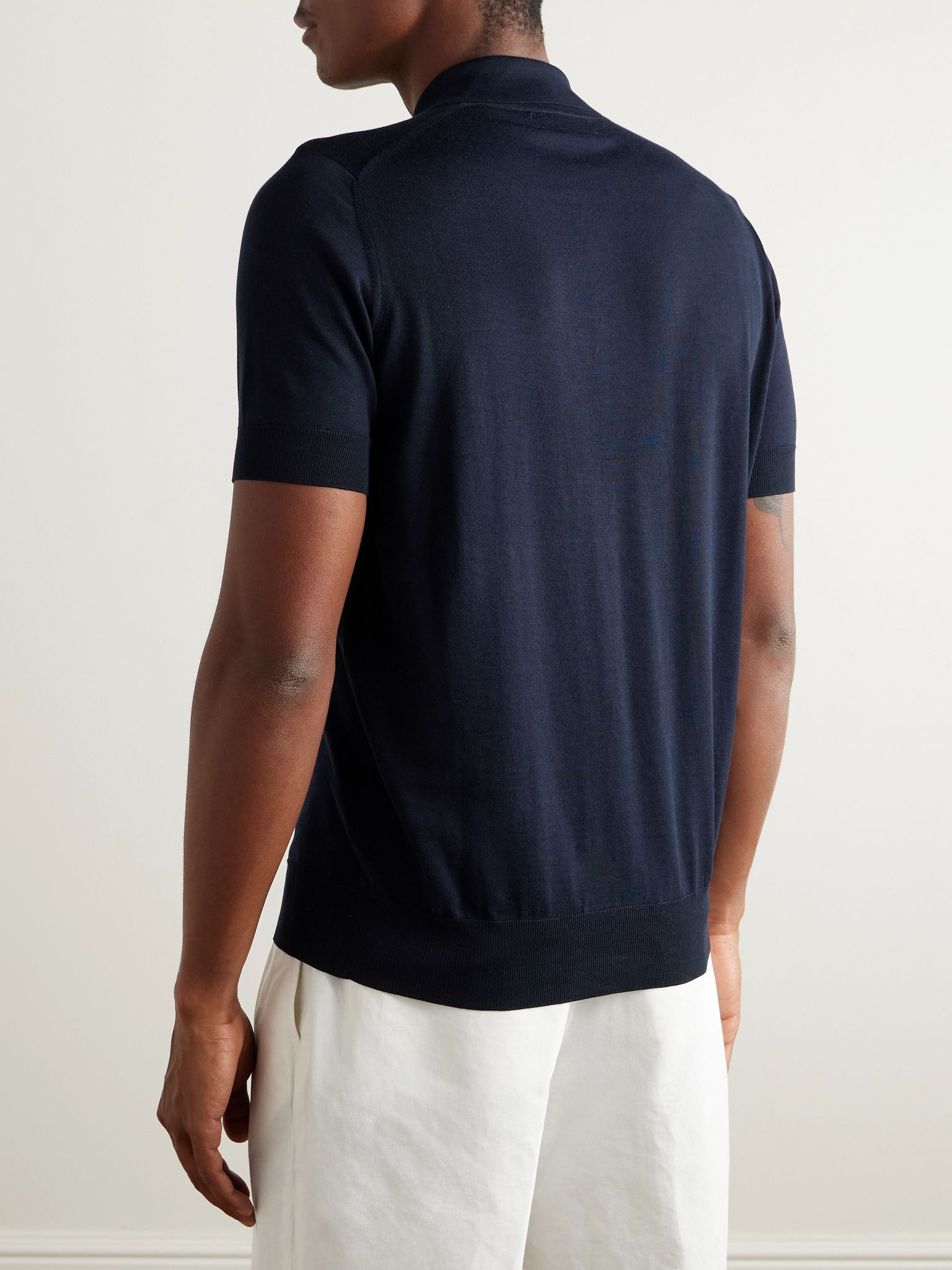 Slim-Fit Logo-Embroidered Silk and Cotton-Blend Polo Shirt Navy - 4