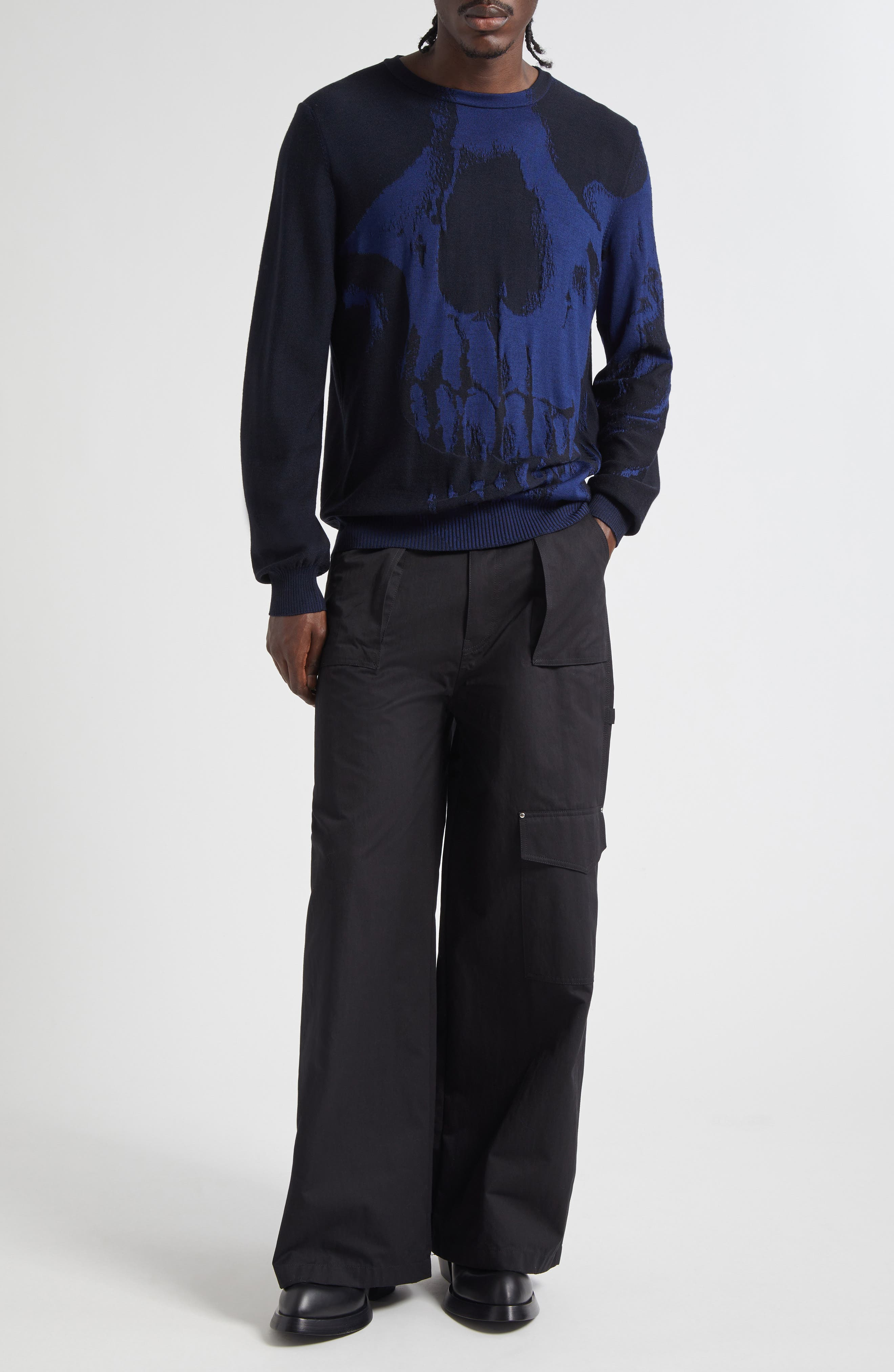 McQueen Skull Double Knit Wool Crewneck Sweater in After Blue/Black at Nordstrom - 2
