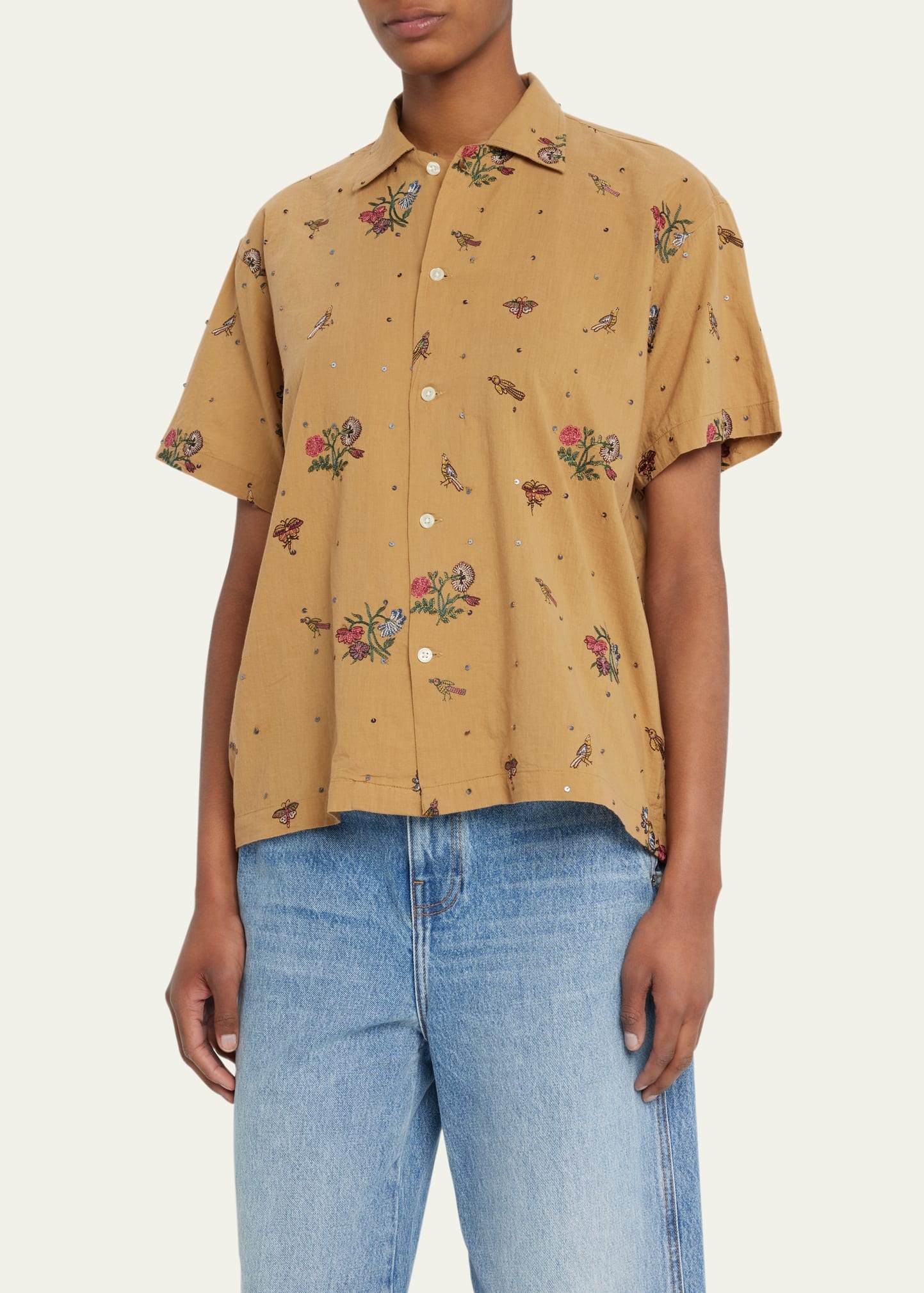 Micro Bird Embroidered Short Sleeve Button Up Shirt - 4