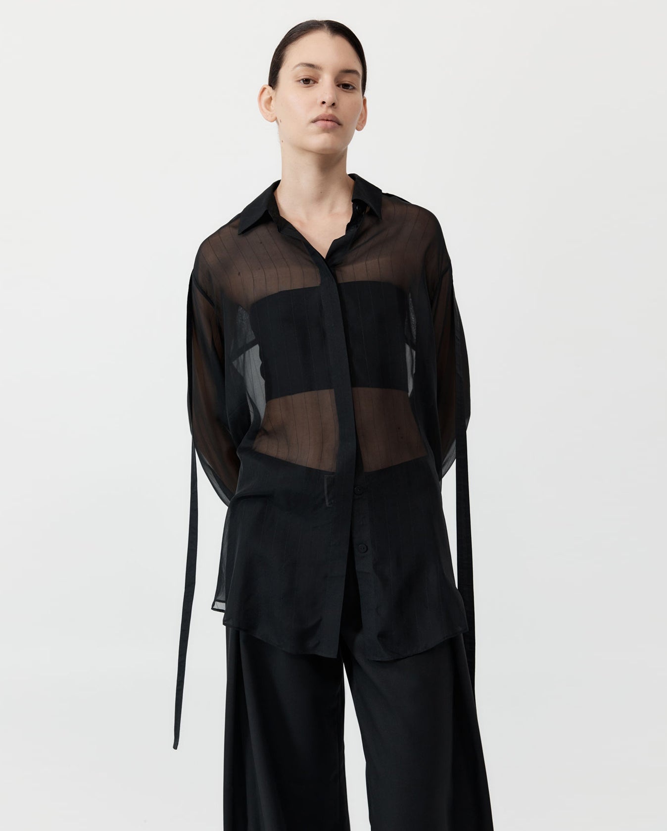 Pinstripe Silk Shirt - Black - 1