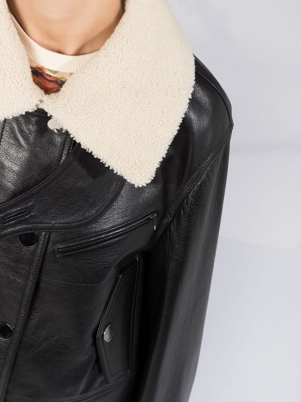 shearling collar leather jacket - 5