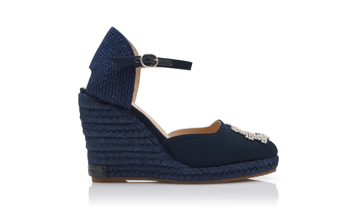 Navy Blue Cotton Crystal Embellished Espadrilles - 1