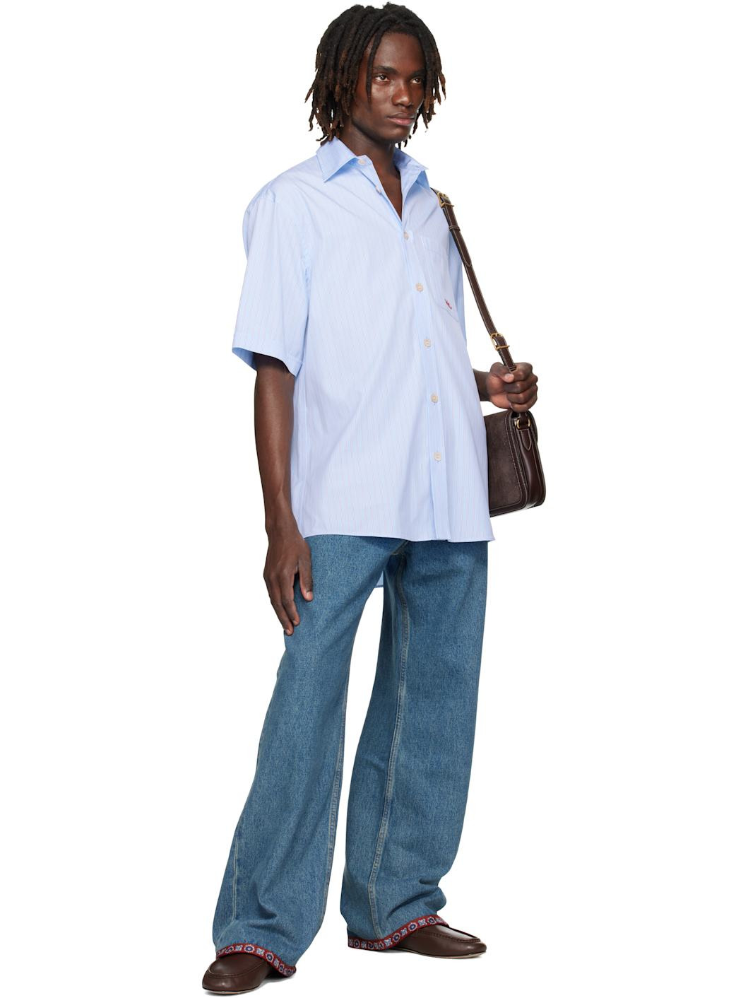 Blue Embroidered Cotton Shirt - 4