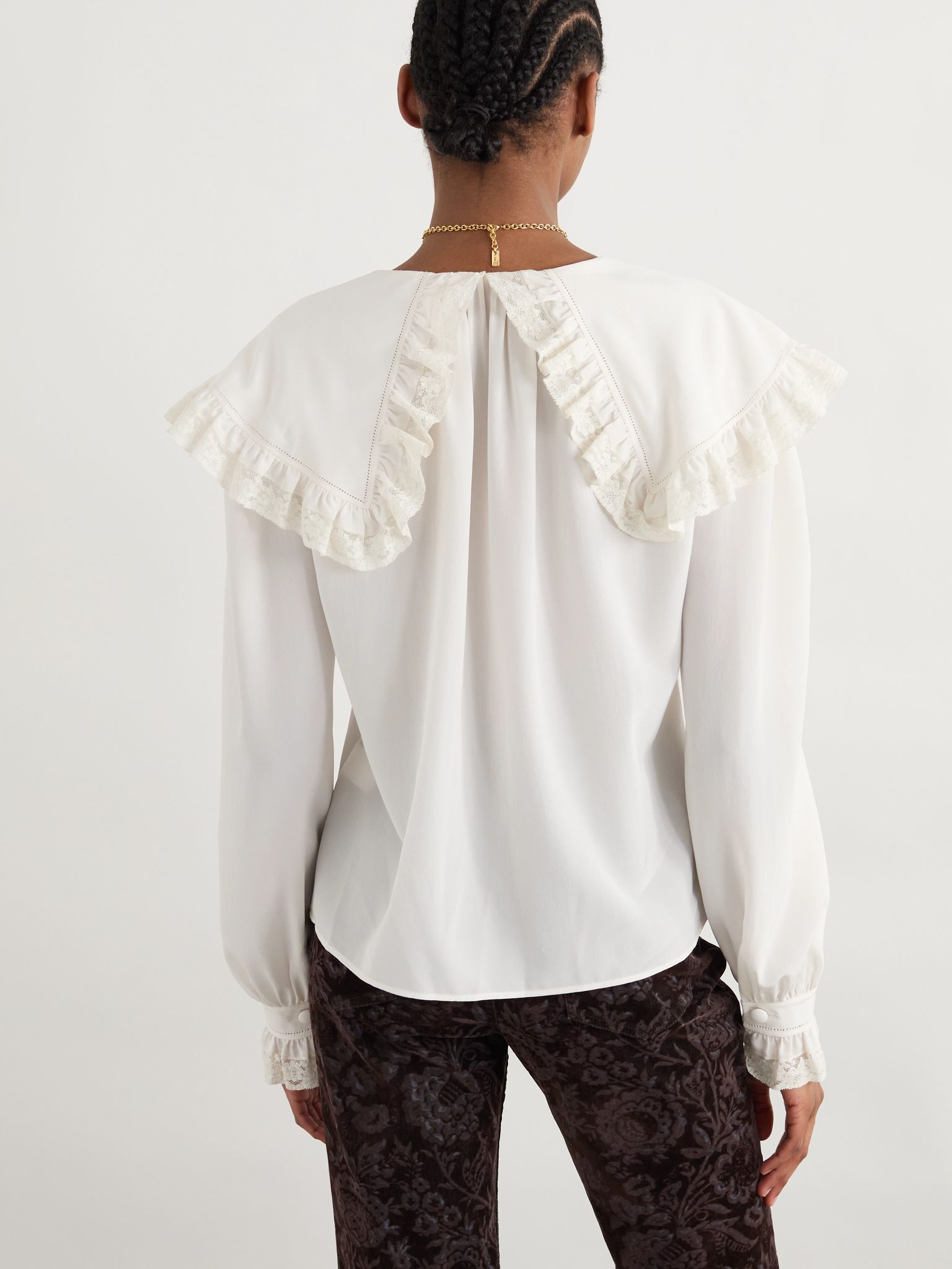 Lace-trimmed organic silk blouse White - 4