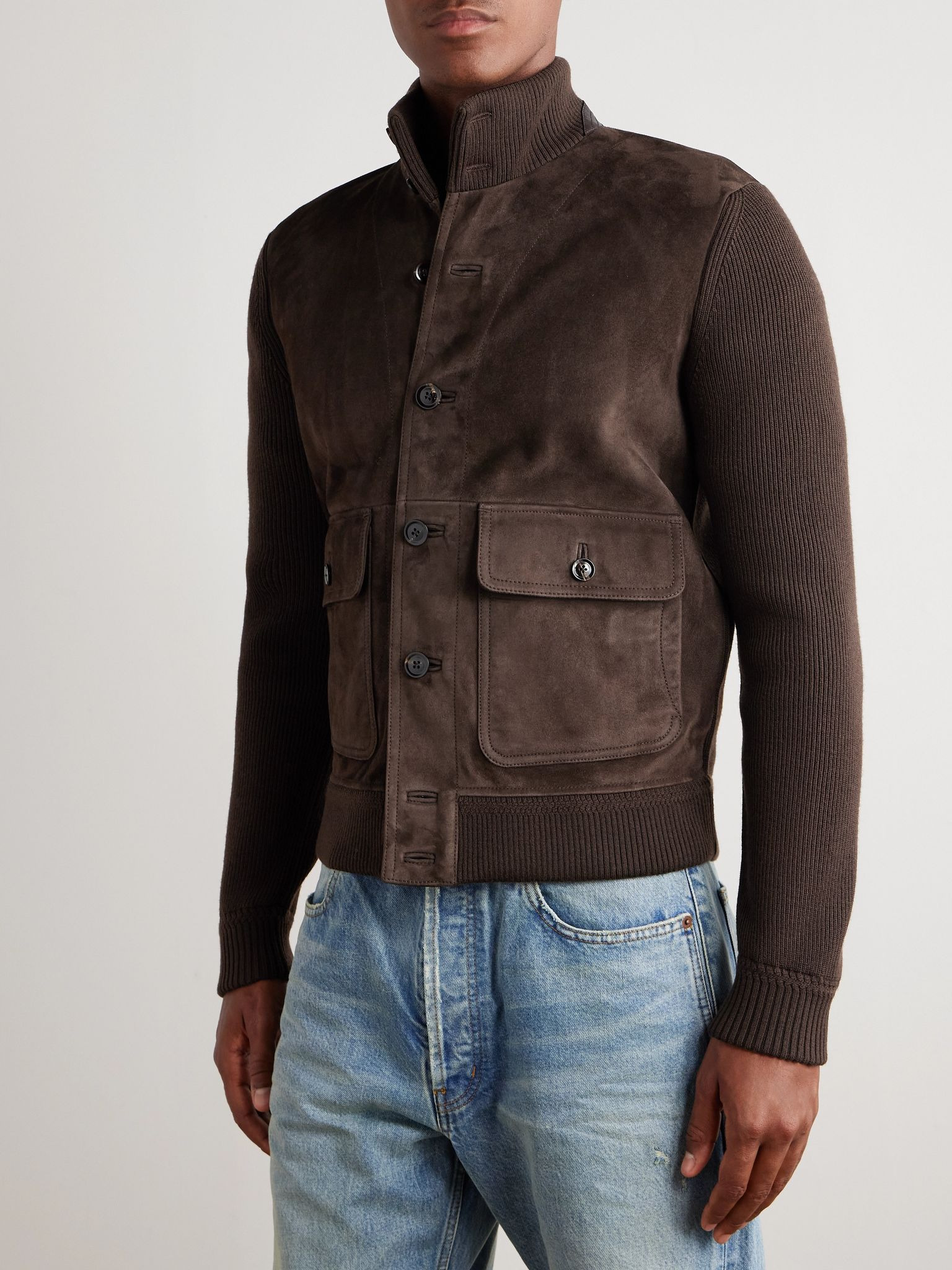 Ribbed Merino Wool and Suede Jacket Brown - 3