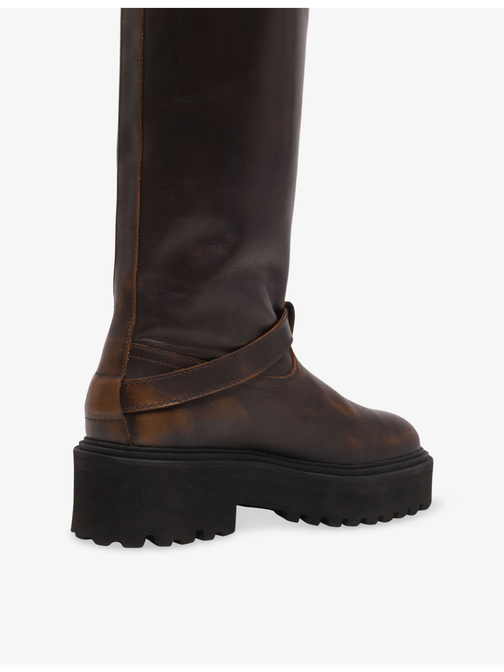 Knee-Length Flat Leather Biker Boots - 5