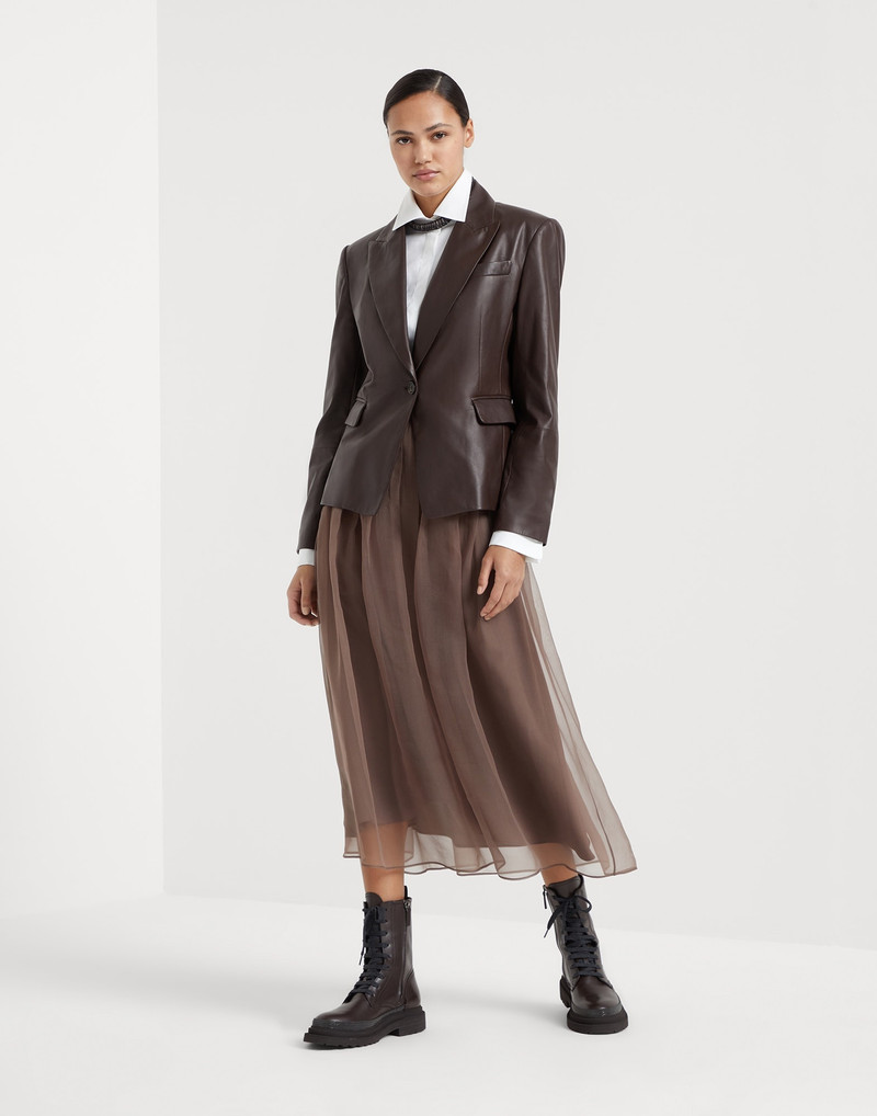 Crispy silk pleated midi skirt with shiny waistband 4